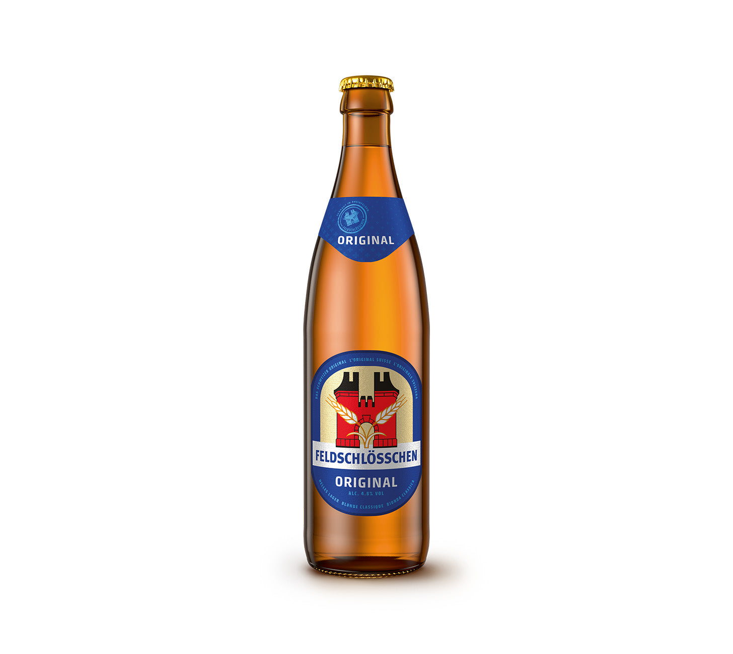 Feldschloesschen Original Bierflasche 50cl, Schweizer Bier, Lagerbier, Feldschloesschen Original, Bierflasche, Premium Bier - vor neutralem Hintergrund