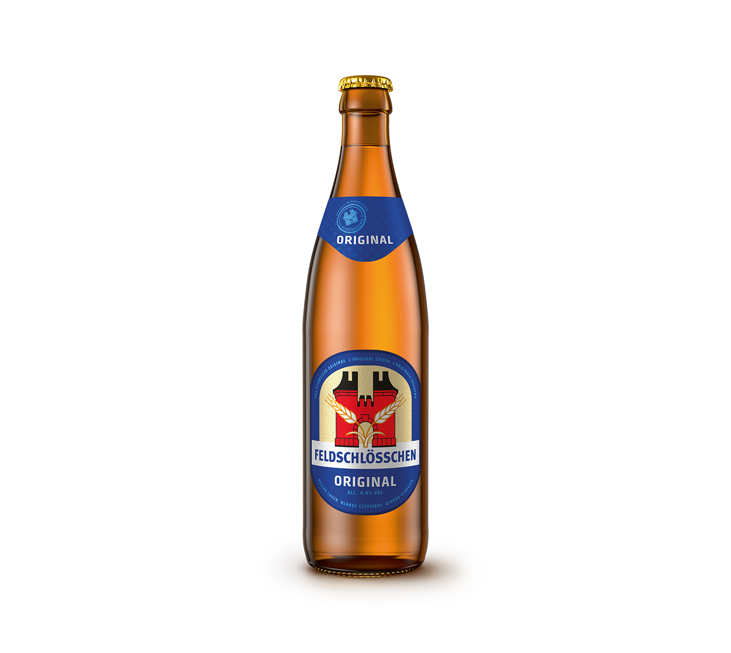 Feldschloesschen Original Bierflasche 50cl, Schweizer Bier, Lagerbier, Feldschloesschen Original, Bierflasche, Premium Bier - vor neutralem Hintergrund