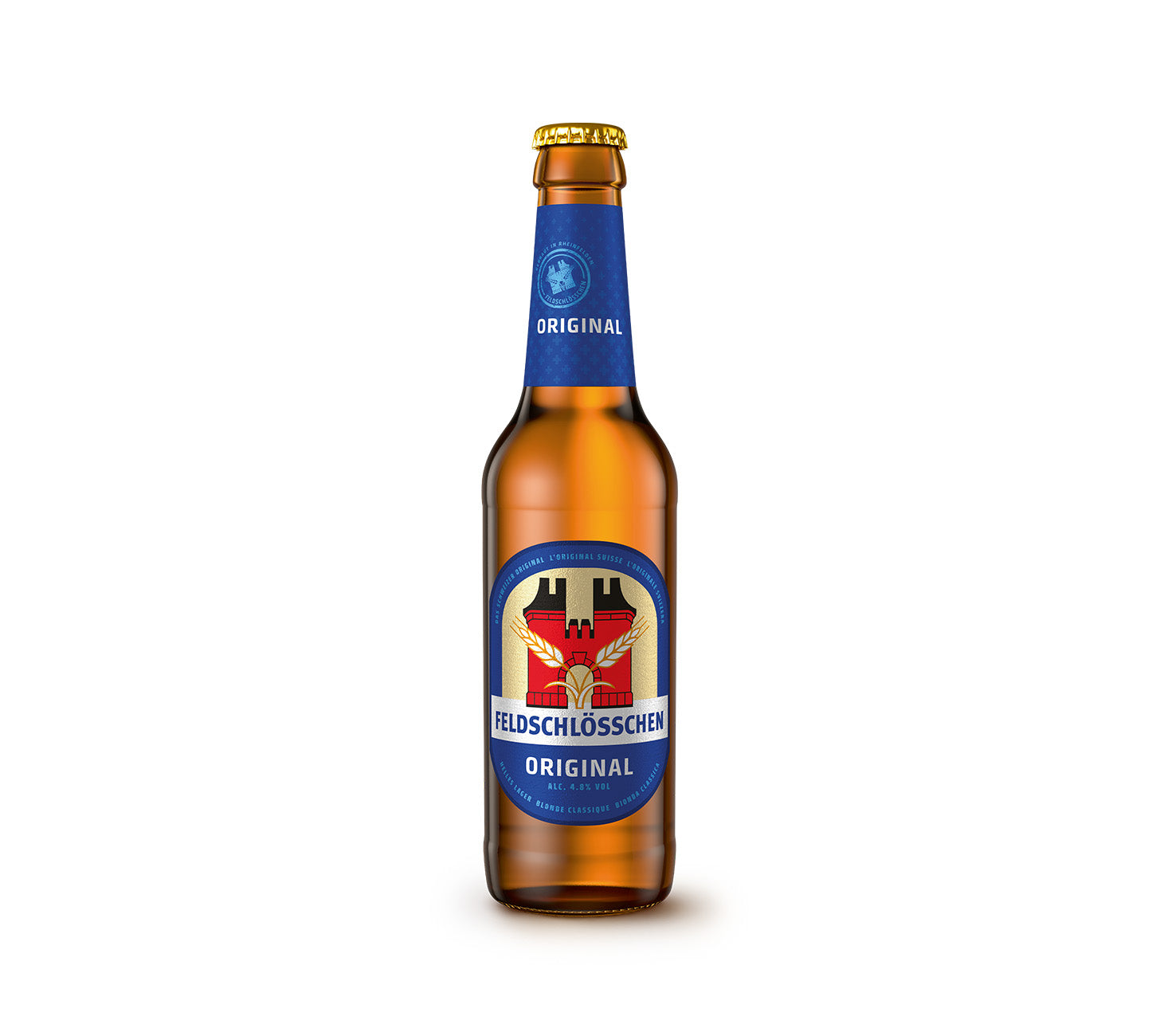 Feldschlösschen Original Bier Einzelflasche 33cl, Schweizer Lager Bier vor neutralem Hintergrund