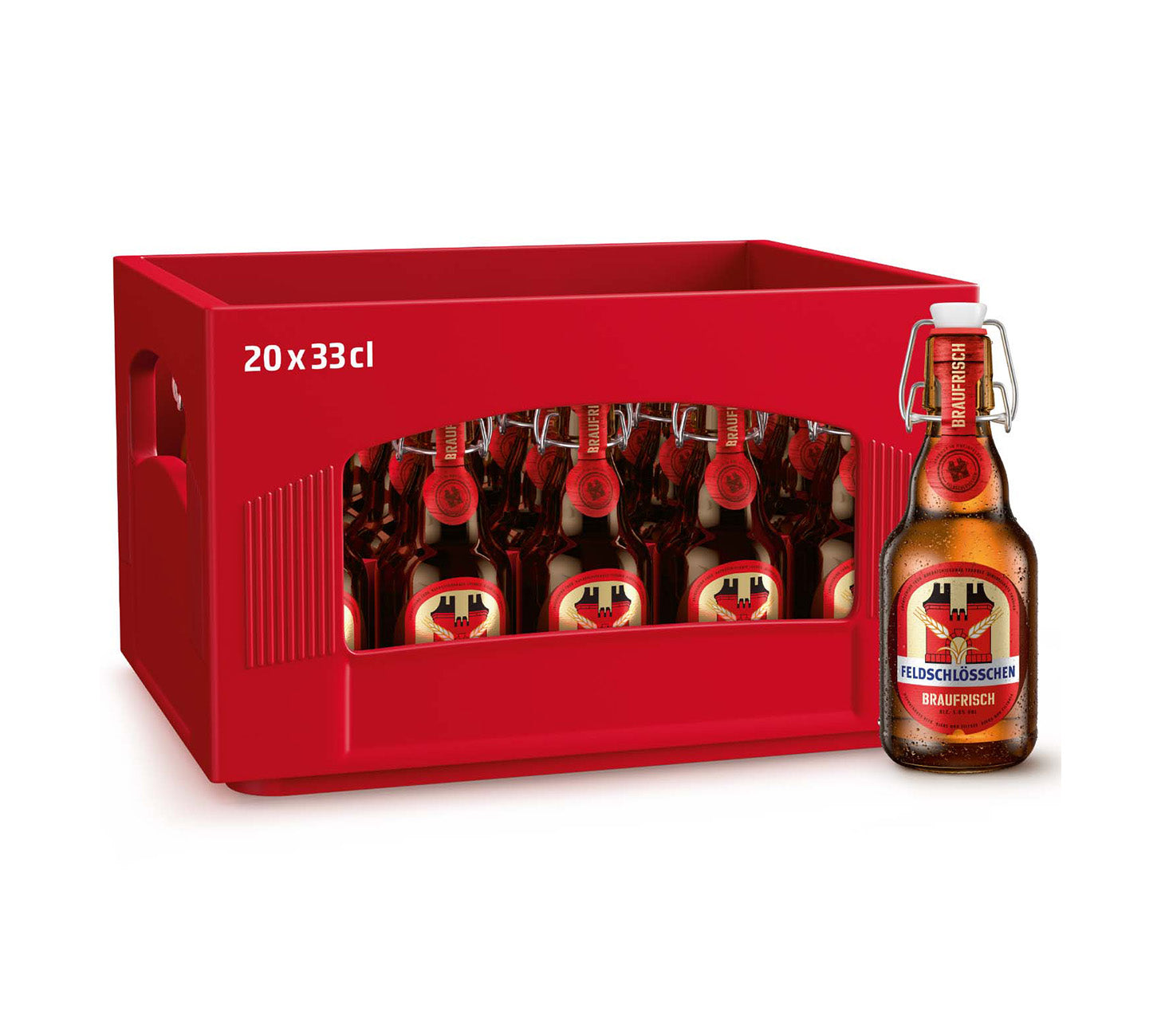 DE: Feldschlösschen Braufrisch Bügel Bier – Kellerbier Harasse 20×33 cl mit einzeln dargestellter Bügelflasche, vor neutralem Hintergrund.

FR: Feldschlösschen Braufrisch Bière – bière de cave caisse 20×33 cl avec bouteille à mécanisme présentée à côté, sur fond neutre.

IT: Feldschlösschen Braufrisch Birra – birra di cantina cassa 20×33 cl con bottiglia con tappo meccanico affiancata, su sfondo neutro.