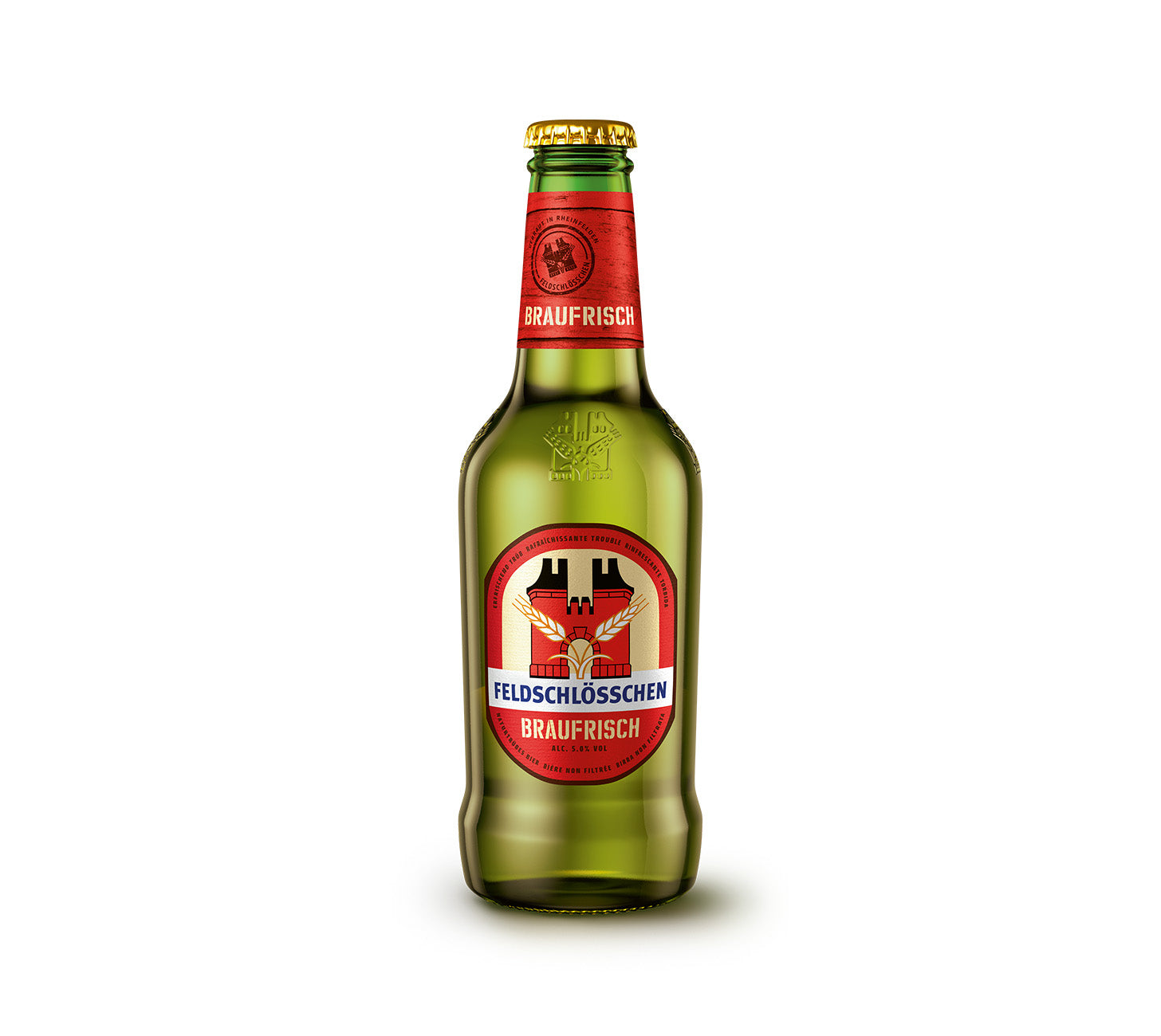 Feldschloesschen Braufrisch naturtrübes Bier 33cl Glasflasche, erfrischendes unfiltriertes Schweizer Bier, Premium Lager, Bier vor neutralem Hintergrund