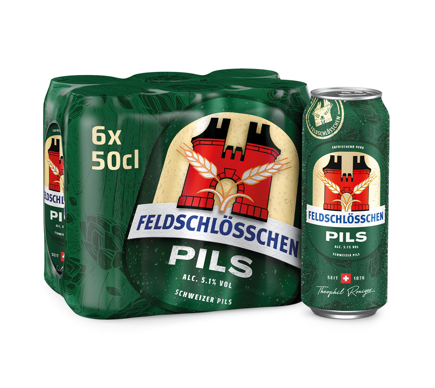 DE: Feldschloesschen Pils – erfrischend herbes Schweizer Pils, 6x50cl Dosen Pack, vor neutralem Hintergrund

FR: Feldschloesschen Pils – bière pils rafraîchissante suisse, pack de 6x50cl canettes, sur fond neutre

IT: Feldschloesschen Pils – birra pils svizzera dal gusto rinfrescante e amaro, confezione da 6x50cl lattine, su sfondo neutro