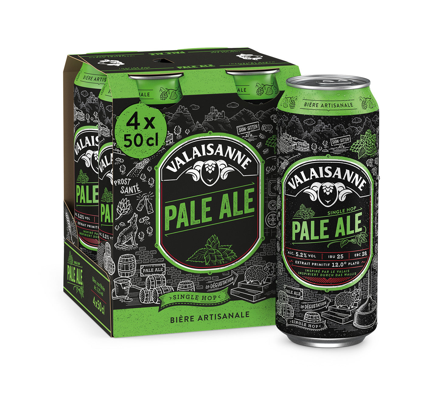 DE: Valaisanne Lager Bier 50cl 6-Pack – klassisches, frisches Lagerbier mit feinherber Note im praktischen Sechserpack, vor neutralem Hintergrund.

FR: Valaisanne Lager Bière 50cl 6-Pack – bière lager fraîche et équilibrée avec une légère amertume, en pack de six, sur fond neutre.

IT: Valaisanne Lager Birra 50cl 6-Pack – birra lager fresca ed equilibrata con nota delicatamente amara, in confezione da sei, su sfondo neutro.