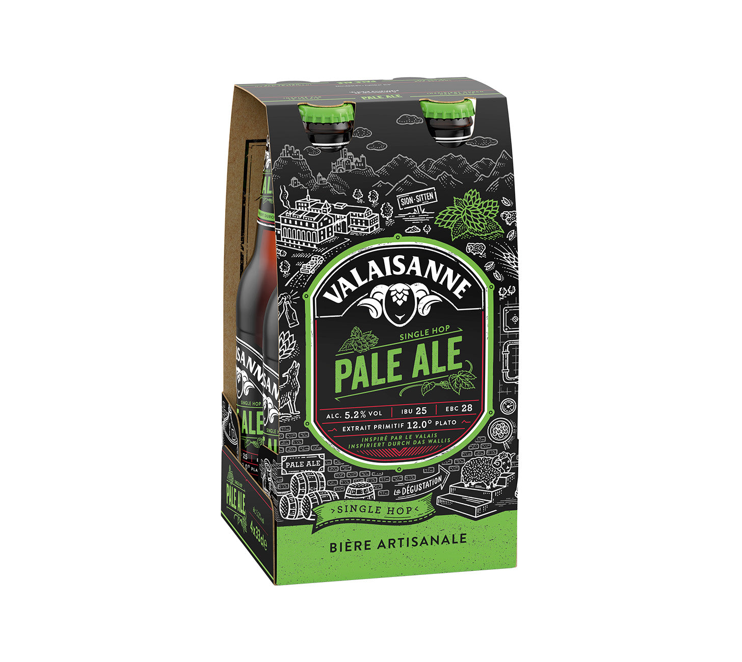 DE:4x33cl Valaisanne Pale Ale – aromatisches Bier mit fruchtigen Noten und kräftigem Hopfen.

FR:4x33cl Valaisanne Pale Ale – bière aromatique avec notes fruitées et houblon puissant.

IT:4x33cl Valaisanne Pale Ale – birra aromatica con note fruttate e luppolo intenso.