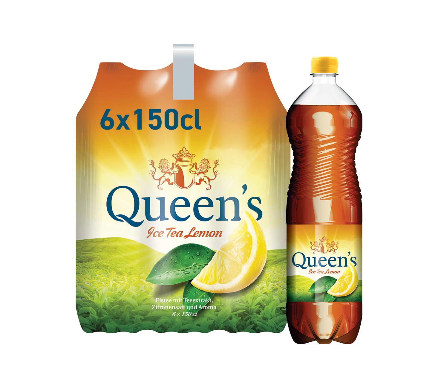 DE: Queen's Ice Tea Lemon Eistee 150cl 6-Pack MHI, Zitroneneistee, erfrischend und leicht, Mehrfachpack mit Trageeinheit vor weissem Hintergrund.

FR: Queen's Ice Tea Lemon thé glacé 150cl pack de 6 MHI, thé glacé au citron, frais et léger, multipack avec poignée sur fond blanc.

IT: Queen's Ice Tea Lemon tè freddo 150cl confezione da 6 MHI, tè freddo al limone, fresco e leggero, multipack con maniglia su sfondo bianco.

Keywords: queens ice tea lemon, eistee mhi, the glace citron, te freddo limone