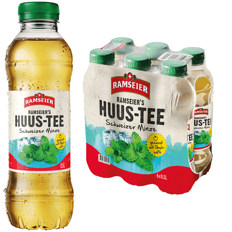 Ramseier Huustee, Schweizer Eistee, erfrischend, fruchtig, authentisch, 50cl Flasche im 6-Pack, vor neutralem Hintergrund.