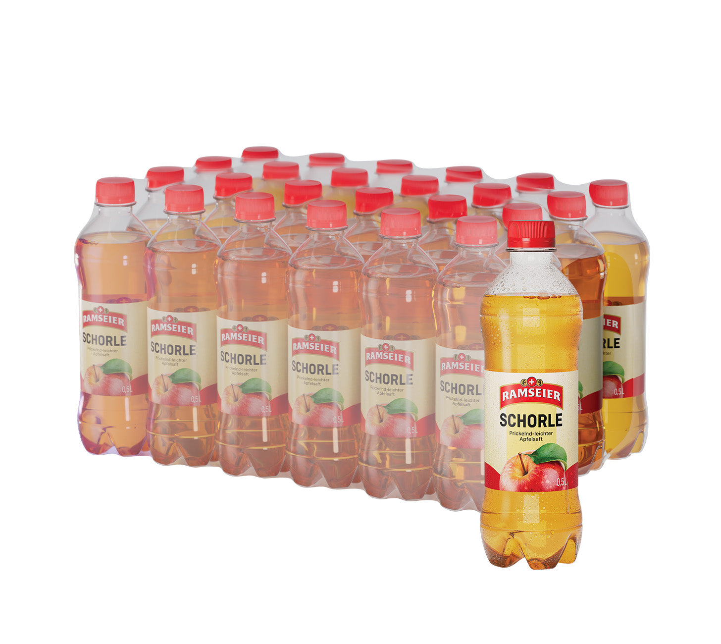 Ramseier Apfelschorle, Schweizer Fruchtschorle, erfrischend, prickelnd, ohne Zuckerzusatz, 50cl Flasche im 24-Pack, vor neutralem Hintergrund.