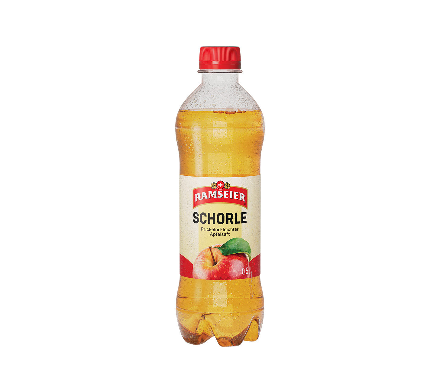 Ramseier Apfelschorle, Schweizer Fruchtschorle, erfrischend, prickelnd, ohne Zuckerzusatz, 50cl Flasche im 24-Pack, vor neutralem Hintergrund.