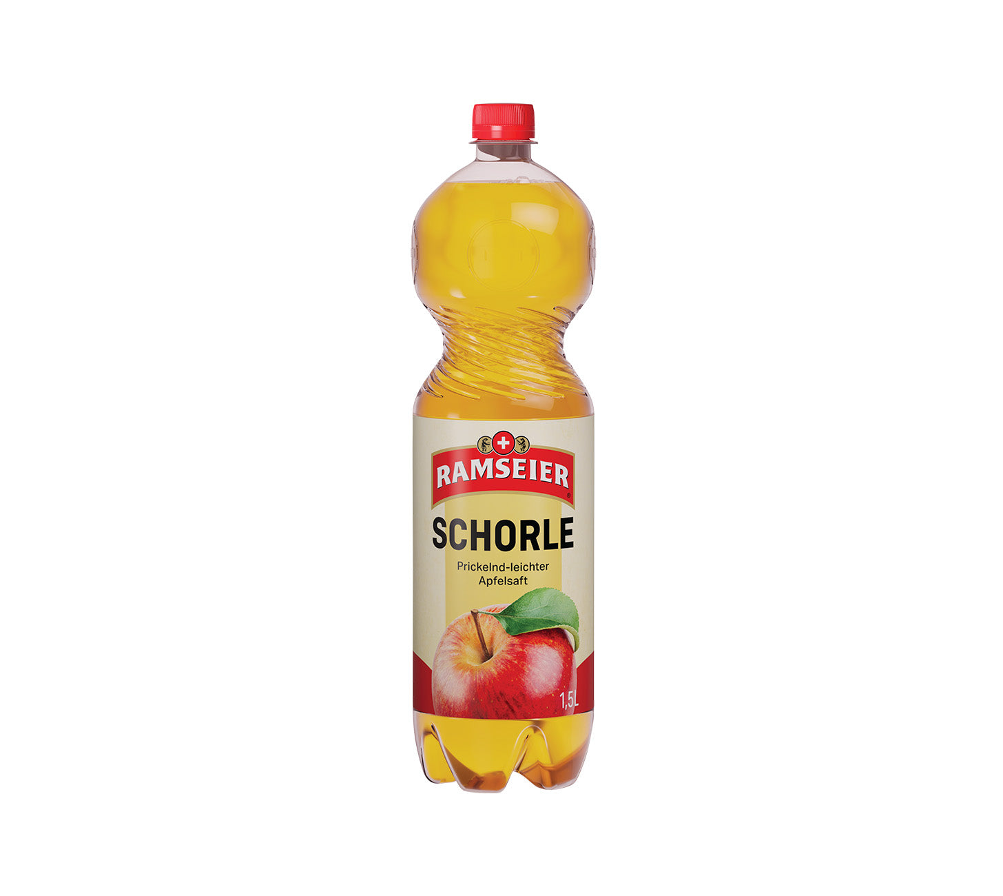 Ramseier Apfelschorle, Schweizer Fruchtschorle, ohne Zuckerzusatz, erfrischend, prickelnd, 150cl Flasche im 6-Harasse, vor neutralem Hintergrund.