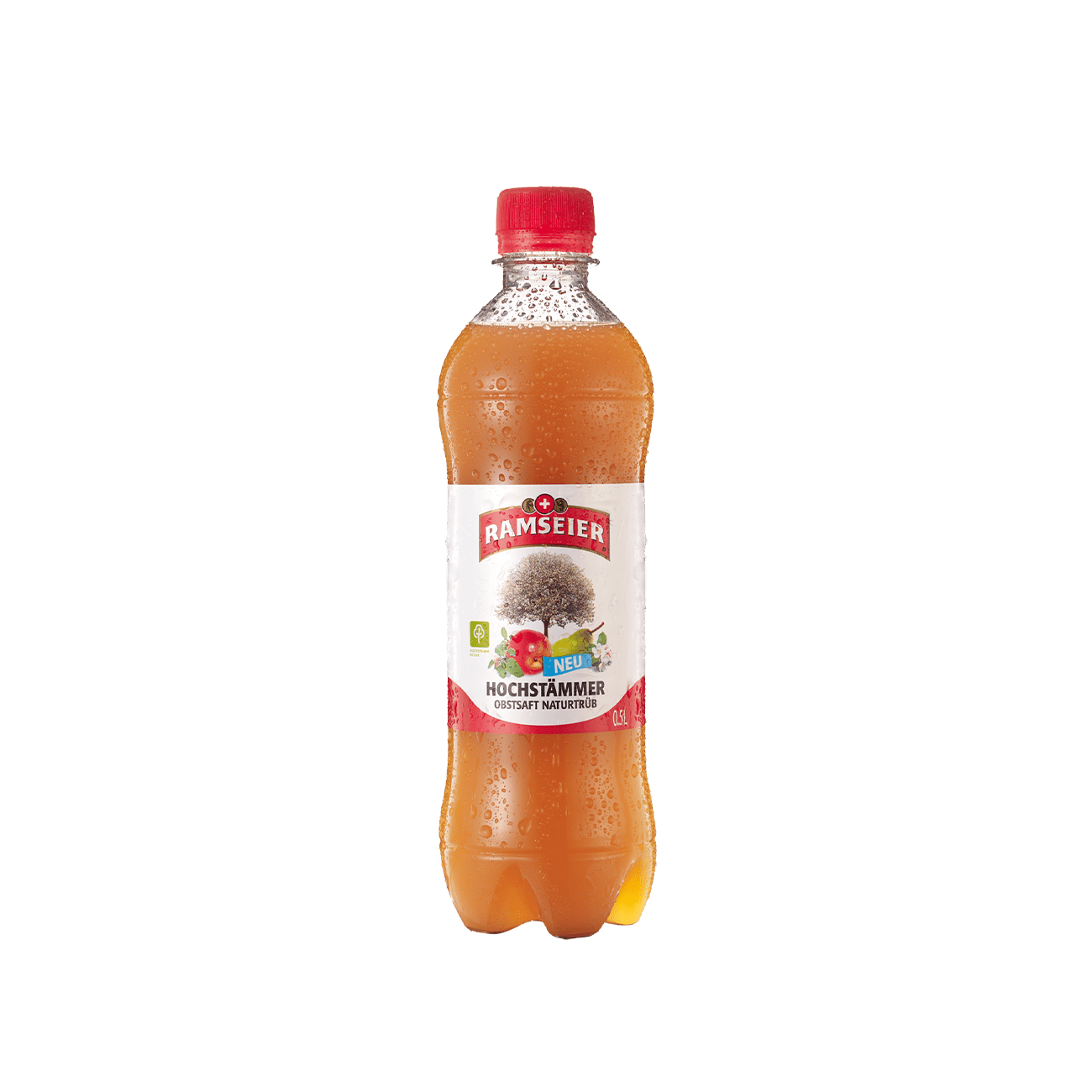 Ramseier Hochstämmer Saft, naturtrüb, Schweizer Fruchtsaft, mild, Birnensaft-Anteil, 50cl Flasche im 6-Pack, vor neutralem Hintergrund.