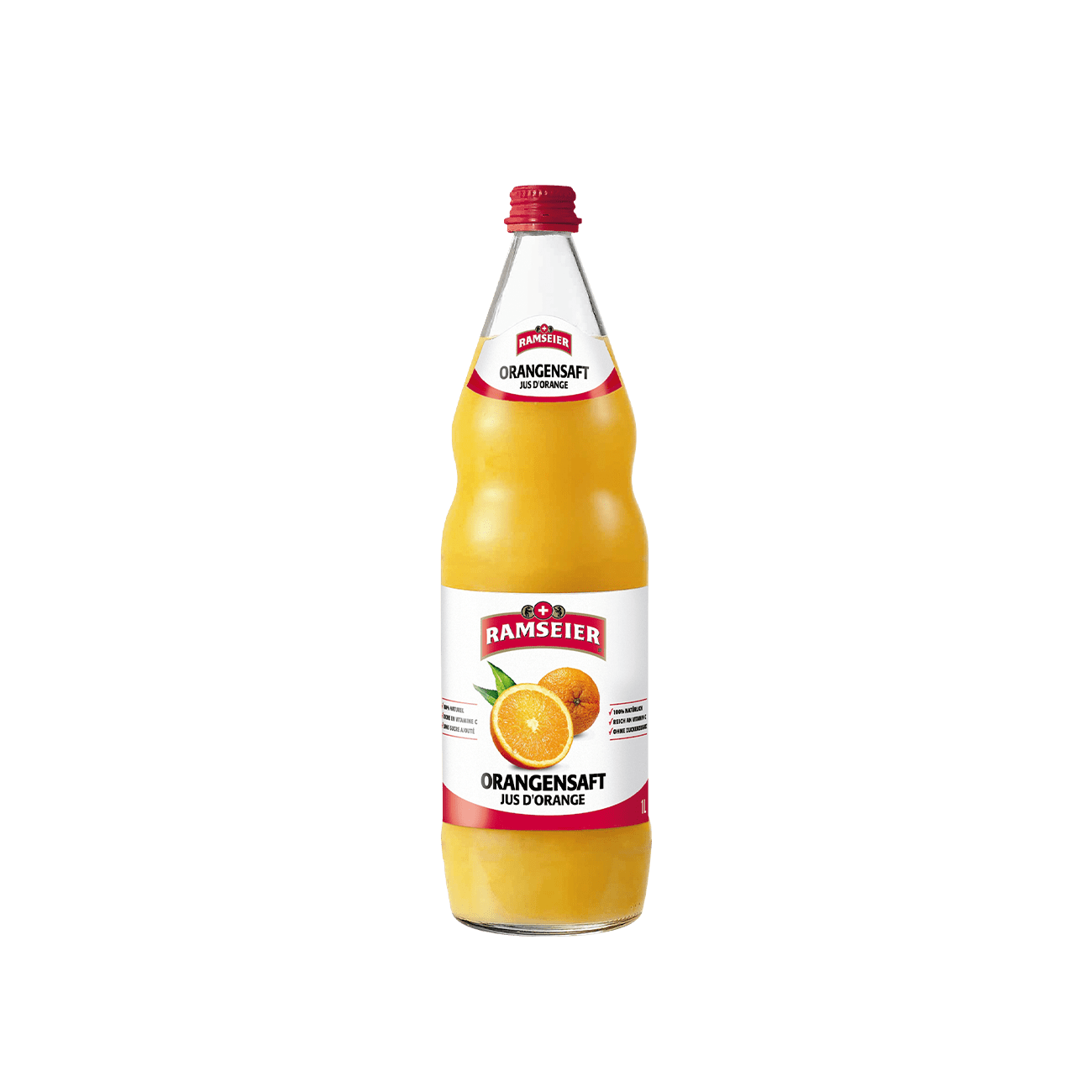 Ramseier Orangensaft, Schweizer Fruchtsaft, erfrischend, vitaminreich, naturbelassen, 100cl Flasche im 12-Harasse, vor neutralem Hintergrund.
