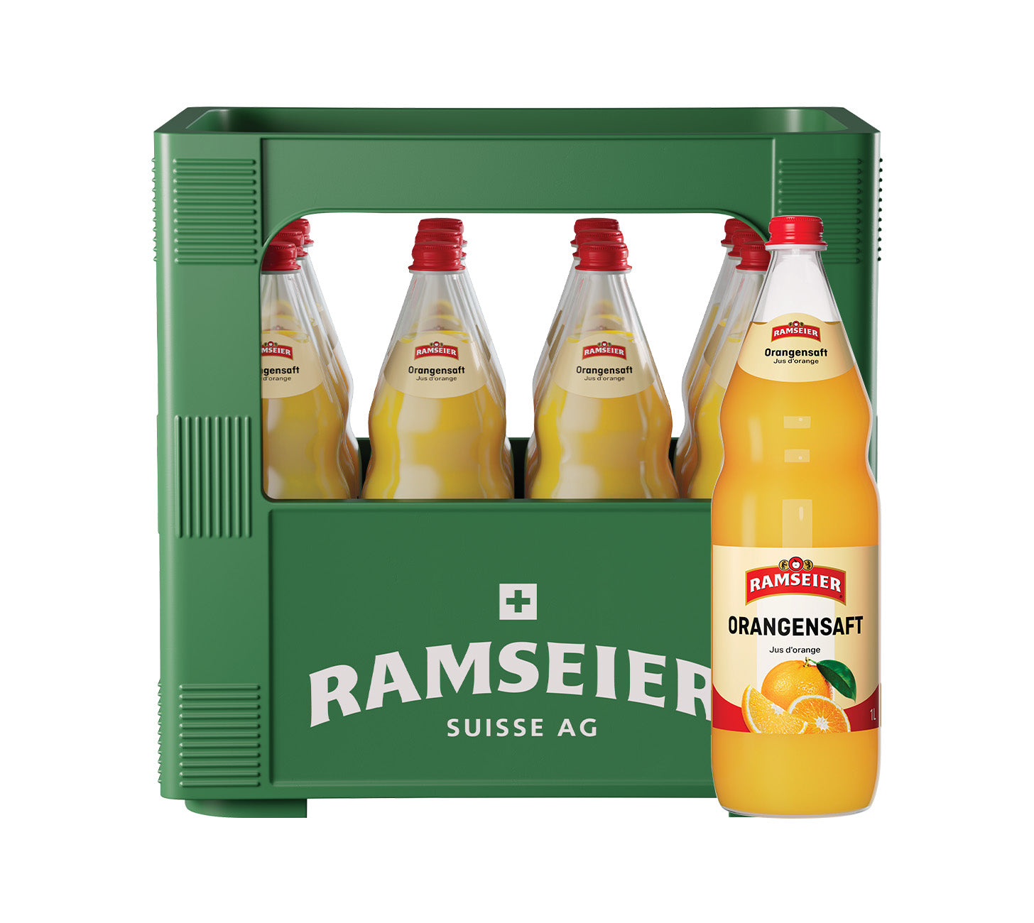Ramseier Orangensaft, Schweizer Fruchtsaft, erfrischend, vitaminreich, naturbelassen, 100cl Flasche im 12-Harasse, vor neutralem Hintergrund.