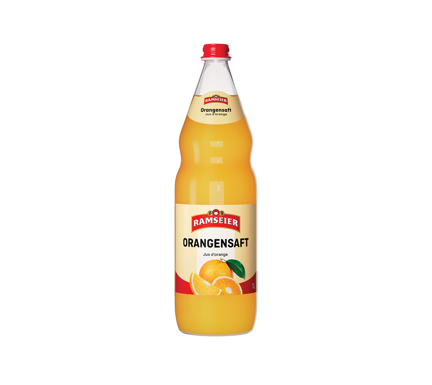 Ramseier Orangensaft, Schweizer Fruchtsaft, erfrischend, vitaminreich, naturbelassen, 100cl Flasche im 12-Harasse, vor neutralem Hintergrund.