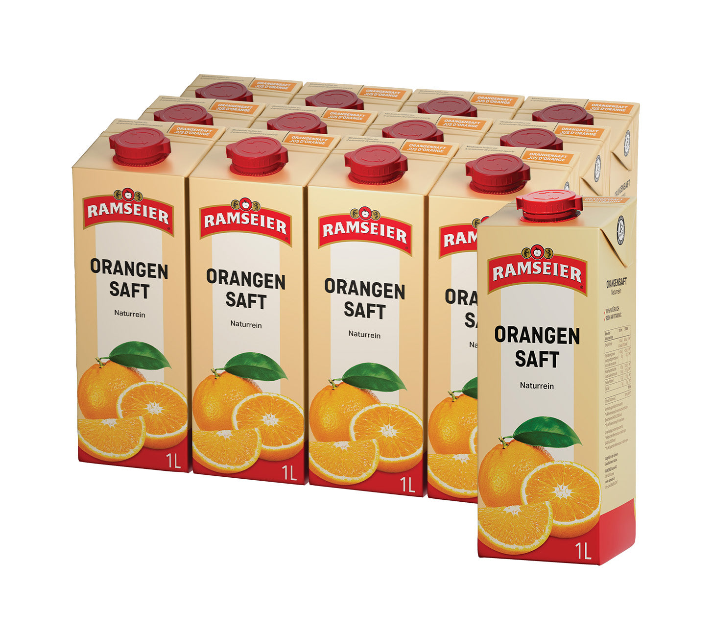Ramseier Orangensaft 100cl 12-Pack, fruchtiger Saft, Vitamin C, erfrischend, Schweiz, vor neutralem Hintergrund