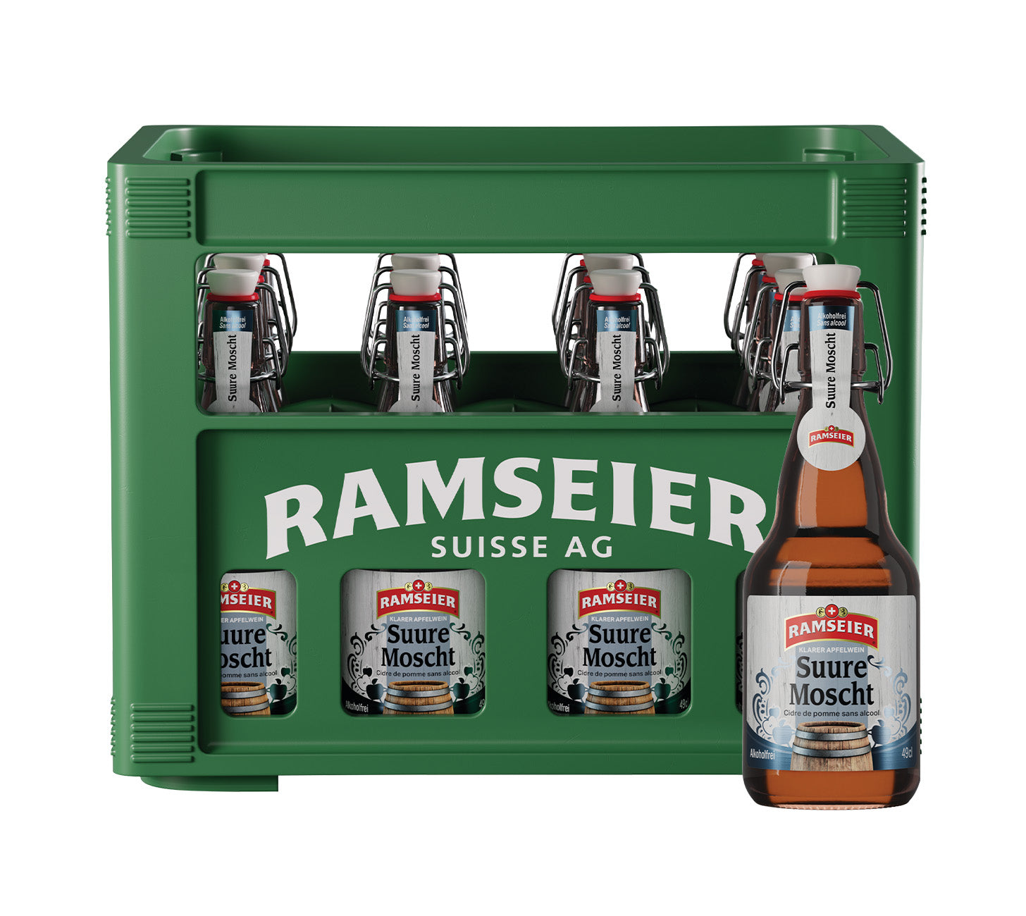 Ramseier Suure Moscht alkoholfrei 49cl Flasche mit Buegelverschluss, klarer Apfelwein ohne Alkohol, traditionelles Schweizer Getraenk von Ramseier, Produktabbildung vor neutralem Hintergrund