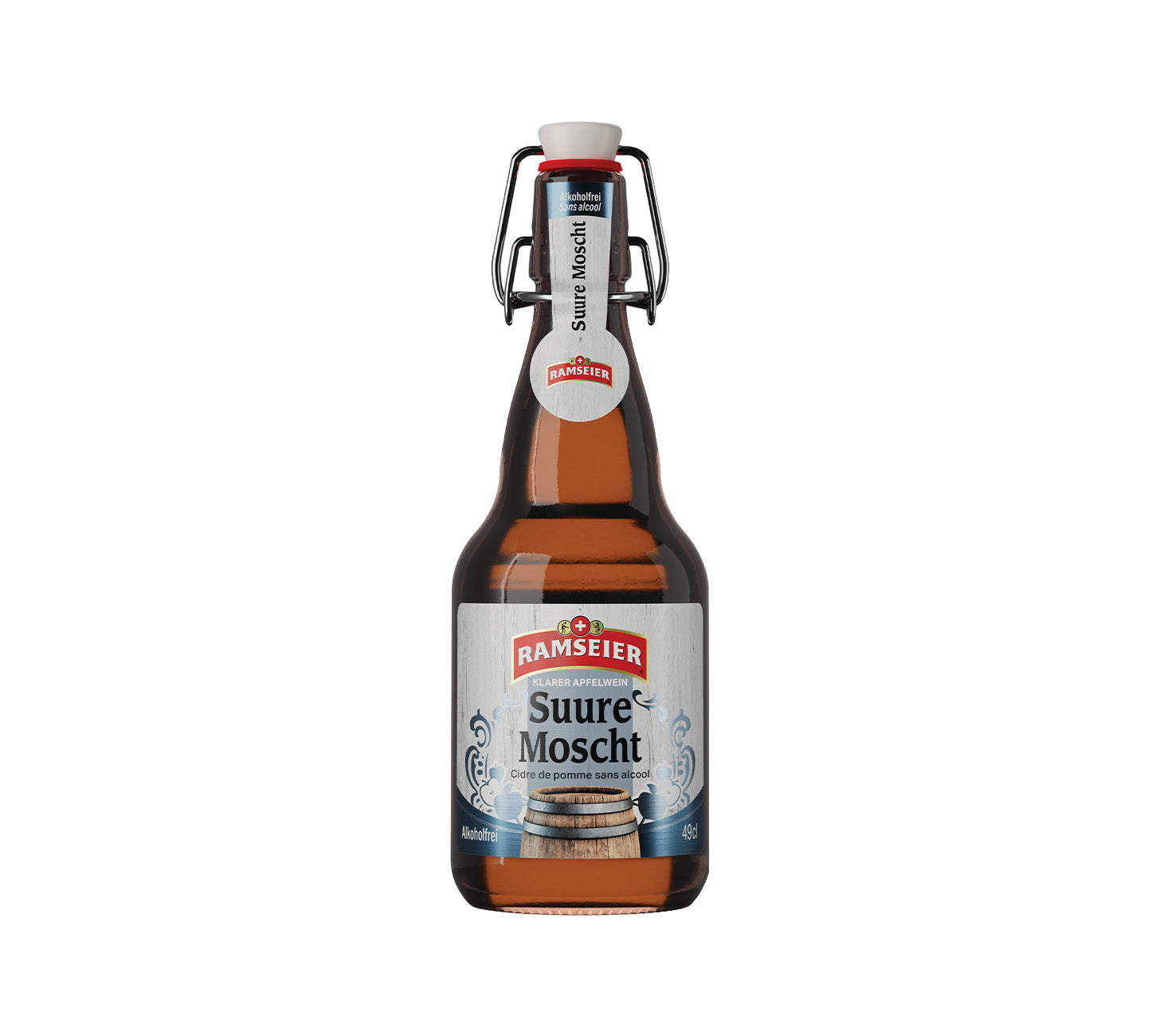 Ramseier Suure Moscht alkoholfrei 49cl Flasche mit Buegelverschluss, klarer Apfelwein ohne Alkohol, traditionelles Schweizer Getraenk von Ramseier, Produktabbildung vor neutralem Hintergrund