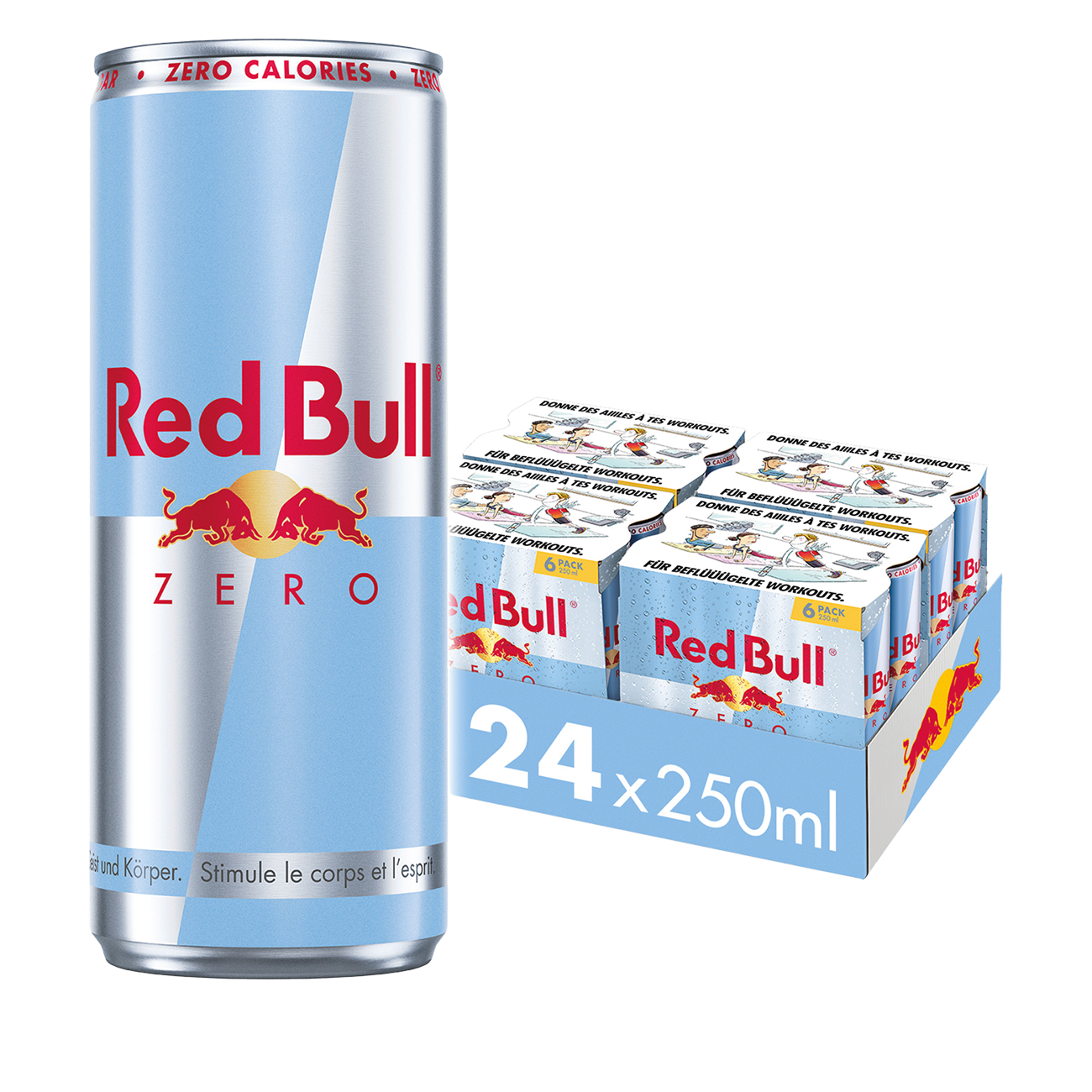 Red Bull Zero Softdrink 25cl 6-Pack, Energy Drink ohne Zucker, kalorienfrei, erfrischend, belebend, ideal fuer Sport, Arbeit und Freizeit. Modernes Dosen-Design vor neutralem Hintergrund.