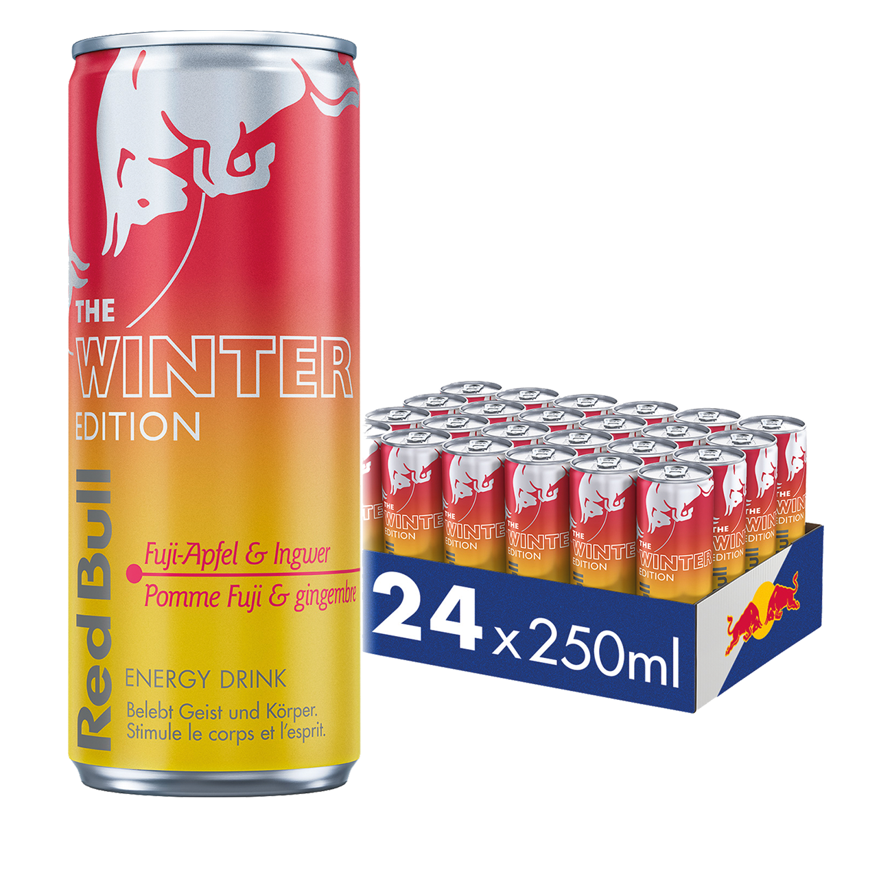 Red Bull Winter Edition Fuji Apfel Ingwer 25cl 24-Pack, Energy Drink saisonal, fruchtig und wuerzig, erfrischend und belebend, limitierte Edition, modernes Dosen-Design vor neutralem Hintergrund.
