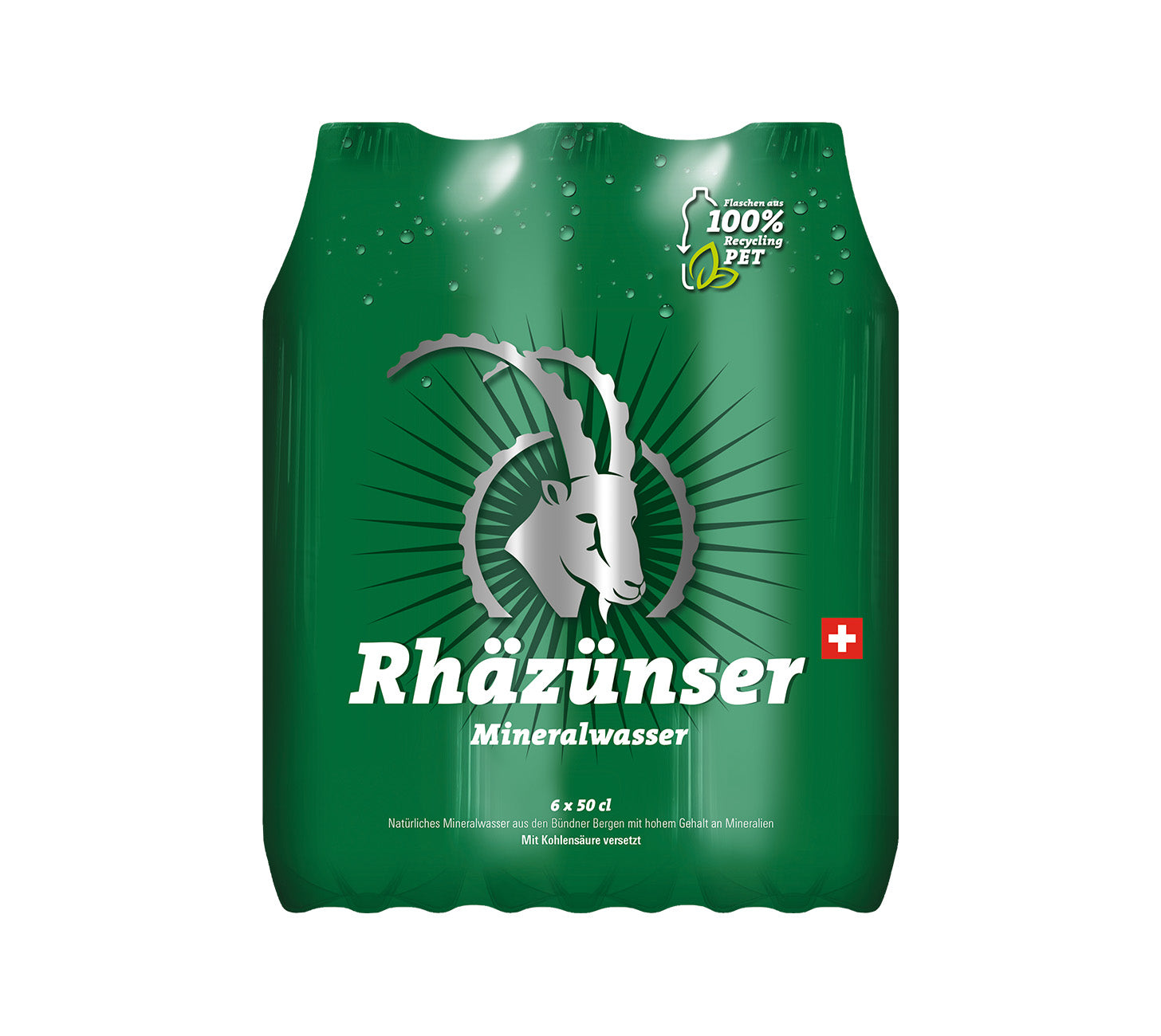 DE: Rhäzünser mit Kohlensäure 50cl 6-Pack – sprudelndes Mineralwasser in PET-Flaschen.

FR: Rhäzünser gazeuse 50cl 6-Pack – eau minérale pétillante en bouteilles PET.

IT: Rhäzünser frizzante 50cl 6-Pack – acqua minerale naturale gassata in bottiglie PET.