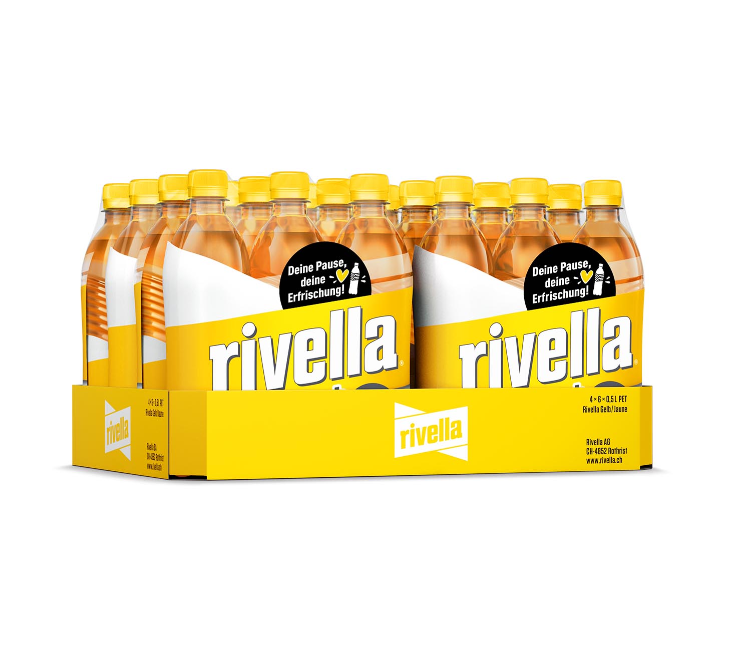 DE: rivella Gelb Softdrink 24x50cl Pack ohne Zucker, Schweizer Kultgetränk als leichte, kalorienarme Erfrischung, 6er-Pack 50cl PET-Flaschen mit gelber Banderole als Keyvisual auf weissem Hintergrund.

FR: Pack rivella Gelb Softdrink 24x50cl sans sucre, boisson culte suisse légère et pauvre en calories, visuel d’un pack de 6 bouteilles PET 50cl à manchon jaune sur fond blanc.

IT: Confezione rivella Gelb Softdrink 24x50cl senza zucchero, bevanda cult svizzera leggera e a basso contenuto calorico.