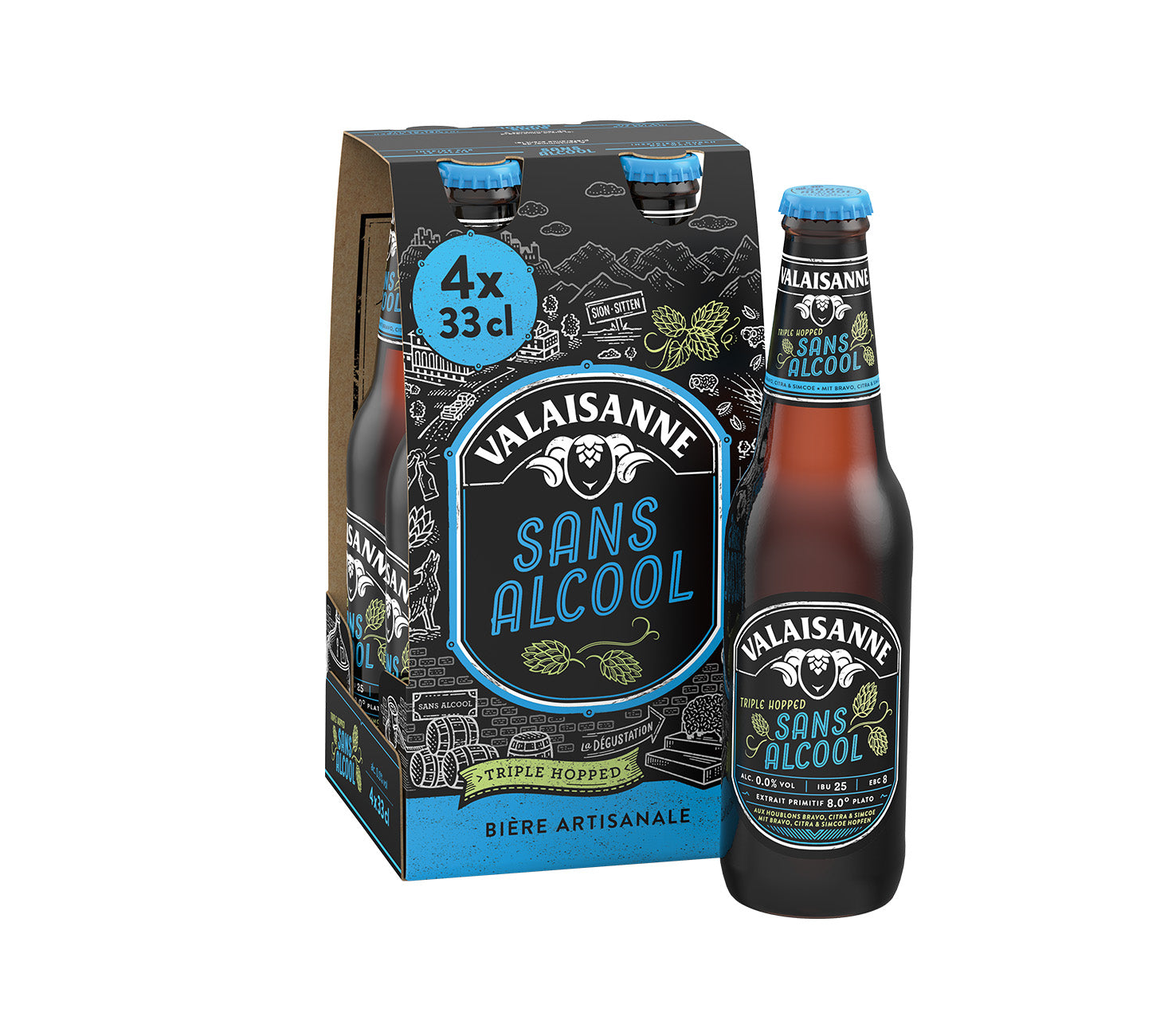 DE: Valaisanne Sans Alcool Bier 33cl 4-Pack – alkoholfreies Bier mit vollem Geschmack und leichter Frische, vor neutralem Hintergrund.
FR: Valaisanne Sans Alcool Bière 33cl 4-Pack – bière sans alcool au goût authentique et à la fraîcheur légère, sur fond neutre.
IT: Valaisanne Sans Alcool Birra 33cl 4-Pack – birra analcolica dal gusto pieno e dalla freschezza leggera, su sfondo neutro.