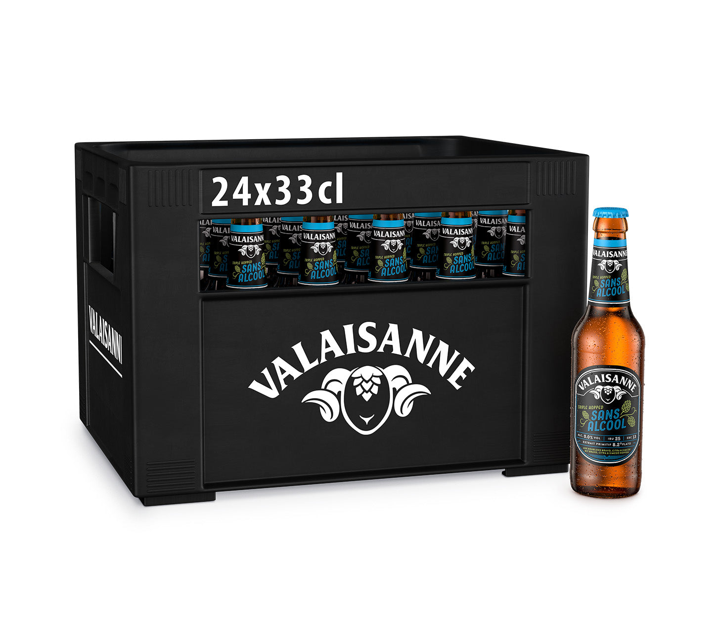DE: Valaisanne Sans Alcool Bier Harasse 24×33cl MHI – alkoholfreies Schweizer Bier mit vollmundigem Geschmack, präsentiert in schwarzer Mehrweg-Harasse mit integrierter Flaschenabbildung.

FR: Valaisanne Sans Alcool biere Harasse 24×33cl MHI – biere suisse sans alcool, savoureuse et equilibree, en caisse noire avec representation des bouteilles.

IT: Valaisanne Sans Alcool birra Harasse 24×33cl MHI – birra svizzera analcolica dal gusto pieno, in cassa nera a rendere.