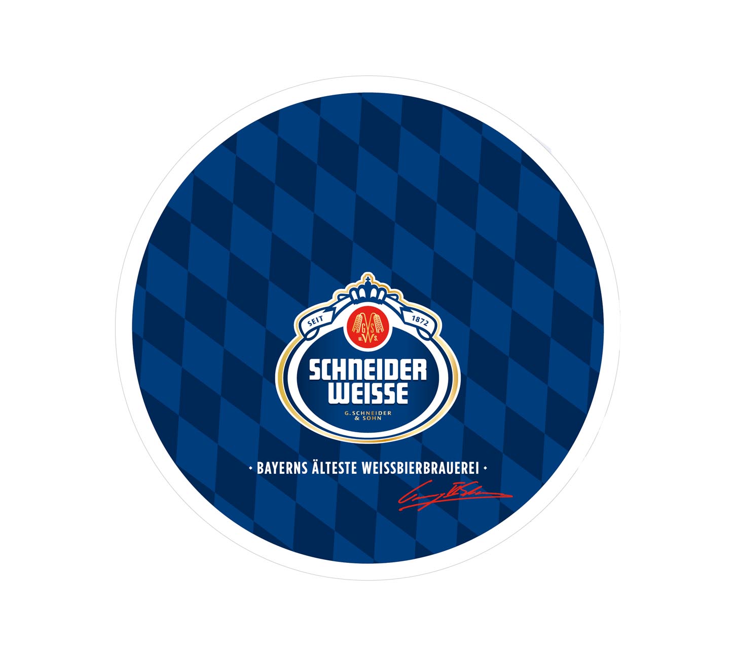 DE: Schneider Weisse Bierteller 100 Stk frontal, originaler Marken-Bierteller mit blauem Bayern-Rautenmuster und Schneider Weisse Logo, Vorderseite, vor weissem Hintergrund.

FR: Schneider Weisse sous-verres 100 pcs face avant, sous-verre de marque avec motif bavarois bleu et logo Schneider Weisse, vue frontale, sur fond blanc.

IT: Schneider Weisse sottobicchieri 100 pz fronte, sottobicchiere di marca con motivo bavarese blu e logo Schneider Weisse, vista frontale, su sfondo bianco.