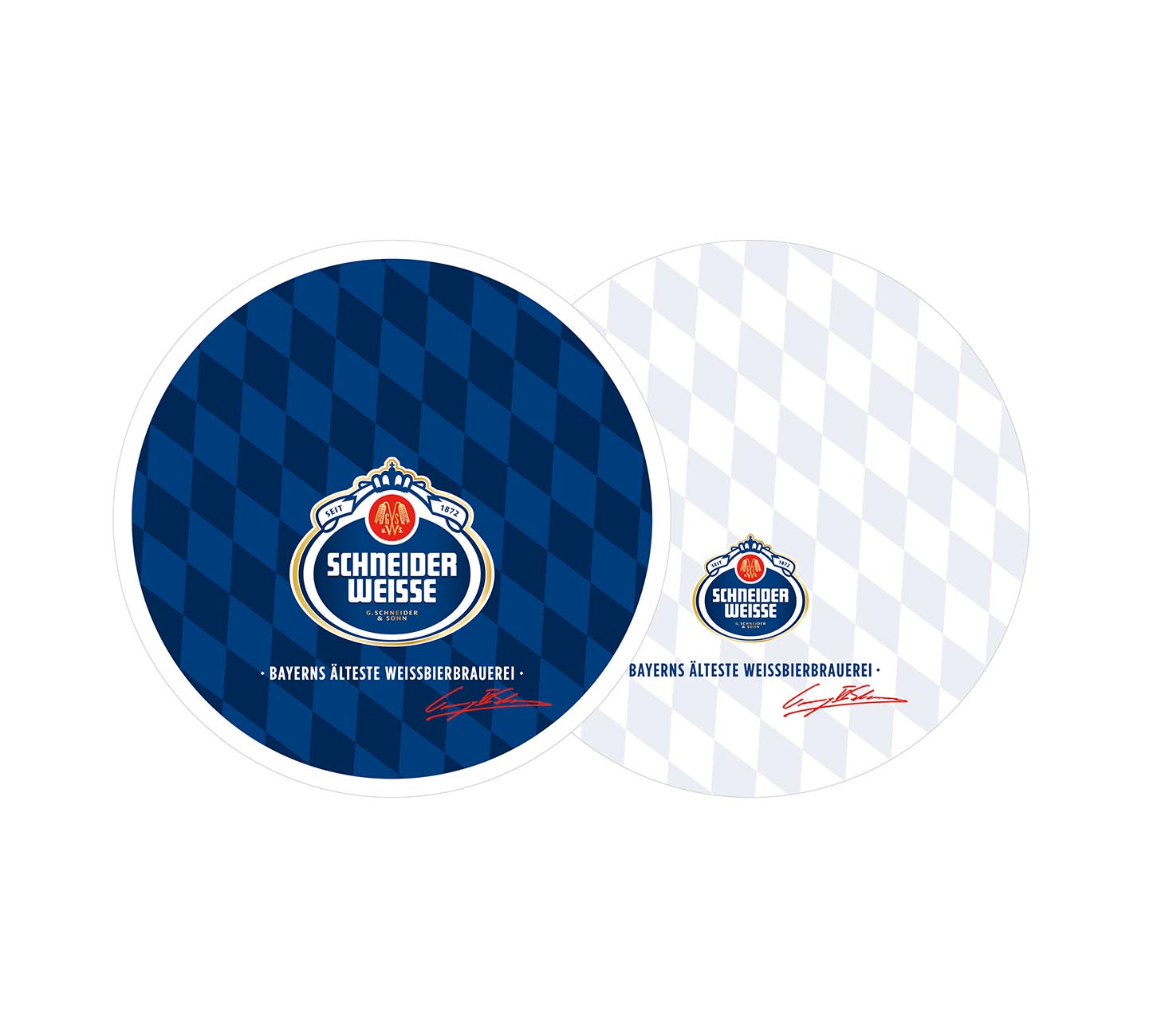 DE: Schneider Weisse Bierteller 100 Stk zusammen, originale Marken-Bierteller mit Bayern-Rautenmuster und Logo, Vorder- und Rückseite gemeinsam dargestellt, vor weissem Hintergrund.

FR: Schneider Weisse sous-verres 100 pcs ensemble, sous-verres de marque originaux avec motif bavarois et logo, face avant et arrière ensemble, sur fond blanc.

IT: Schneider Weisse sottobicchieri 100 pz insieme, sottobicchieri originali di marca con motivo bavarese e logo, fronte e retro insieme, su sfondo bianco.