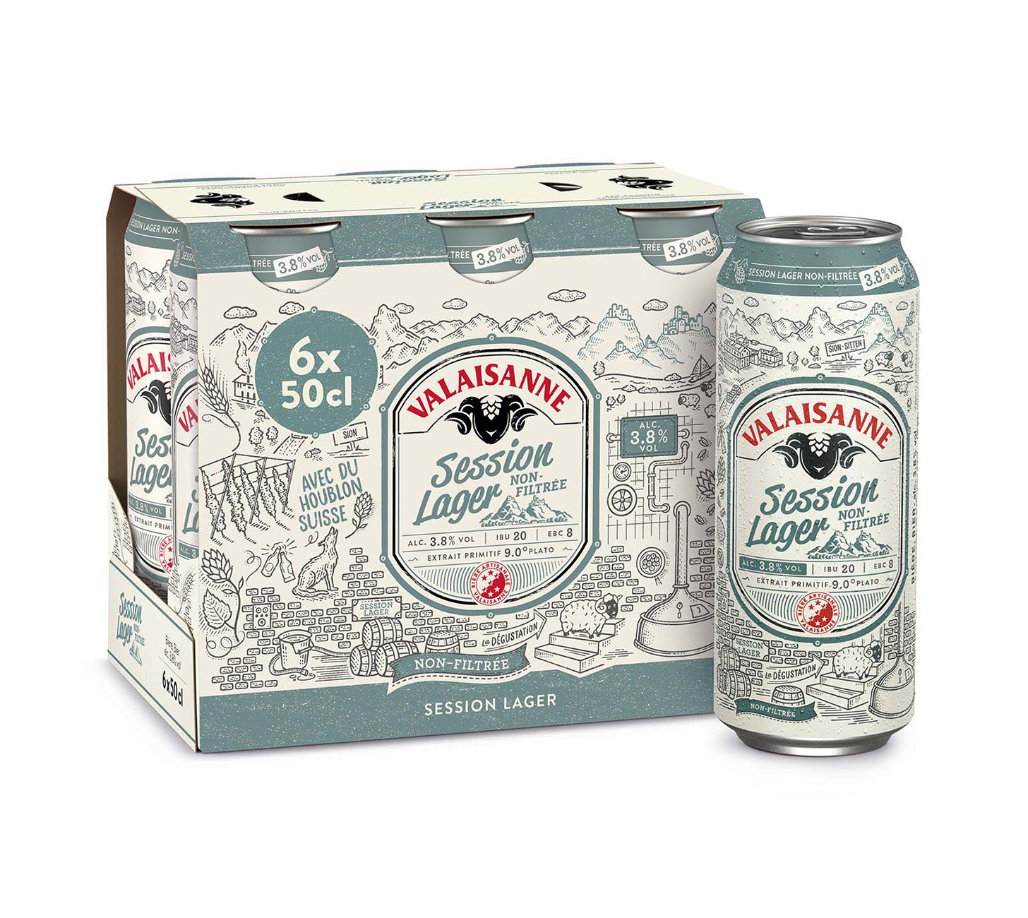 DE: Valaisanne Session Lager 6×50cl – leichtes, unfiltriertes Lagerbier im 6-Pack mit 3,8% Vol., Dosen im Karton, vor neutralem Hintergrund.

FR: Valaisanne Session Lager 6×50cl – bière lager légère et non filtrée à 3,8% vol., pack de 6 canettes, sur fond neutre.

IT: Valaisanne Session Lager 6×50cl – birra lager leggera e non filtrata con 3,8% vol., confezione da 6 lattine, su sfondo neutro.