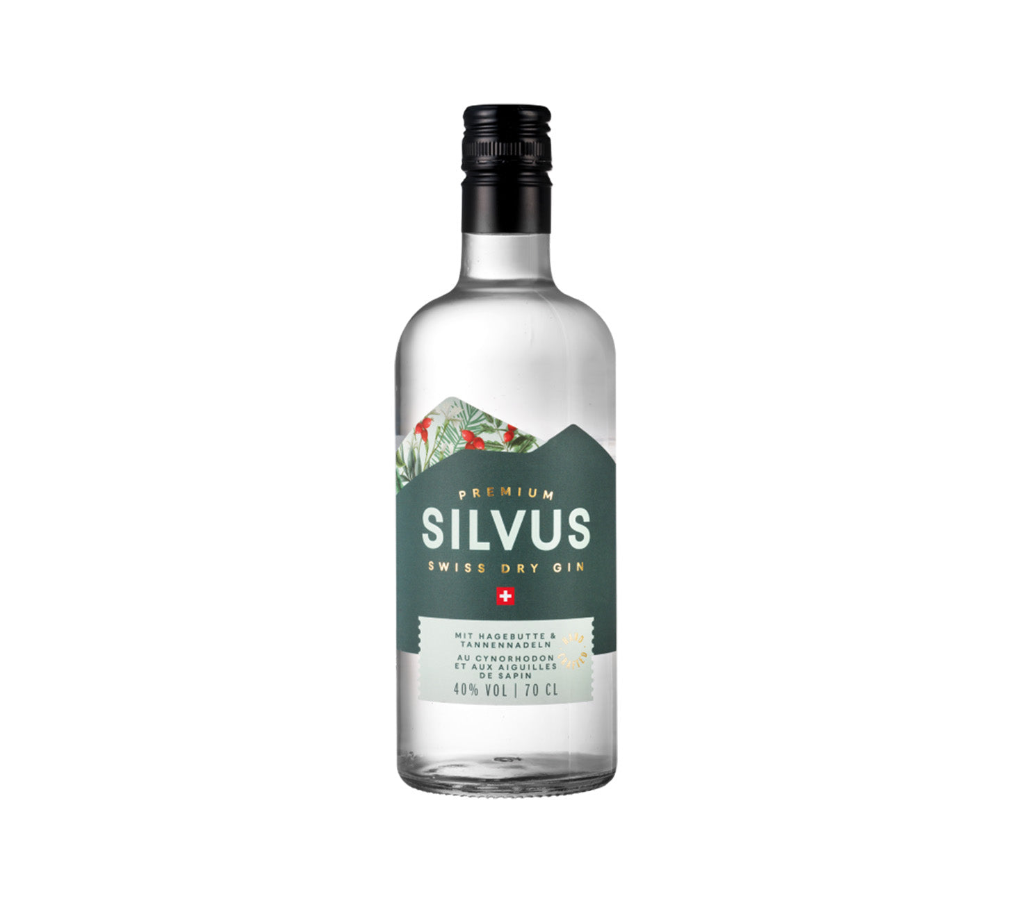 DE: Silvus Premium Swiss Dry Gin – hochwertiger Schweizer Gin (70 cl) mit Hagebutte und Tannennadeln, klare Flasche vor neutralem Hintergrund.
FR: Silvus Premium Swiss Dry Gin – gin suisse haut de gamme (70 cl) à l’églantier et aux aiguilles de sapin, bouteille transparente sur fond neutre.
IT: Silvus Premium Swiss Dry Gin – gin svizzero di alta qualità (70 cl) con rosa canina e aghi di pino, bottiglia trasparente su sfondo neutro.