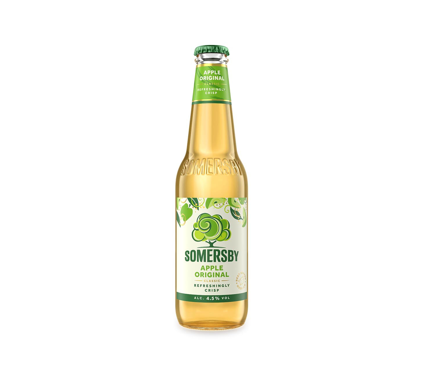 DE: Somersby Apple Original Modern Cider 33cl Einzelflasche, klassischer Apfel-Cider, fruchtig und erfrischend, Glasflasche vor weissem Hintergrund.

FR: Somersby Apple Original Modern Cider 33cl bouteille individuelle, cidre classique a la pomme, fruité et rafraichissant, bouteille sur fond blanc.

IT: Somersby Apple Original Modern Cider 33cl bottiglia singola, sidro classico alla mela, fruttato e rinfrescante, bottiglia su sfondo bianco.

Keywords: somersby apple, cider bottle, apple cider