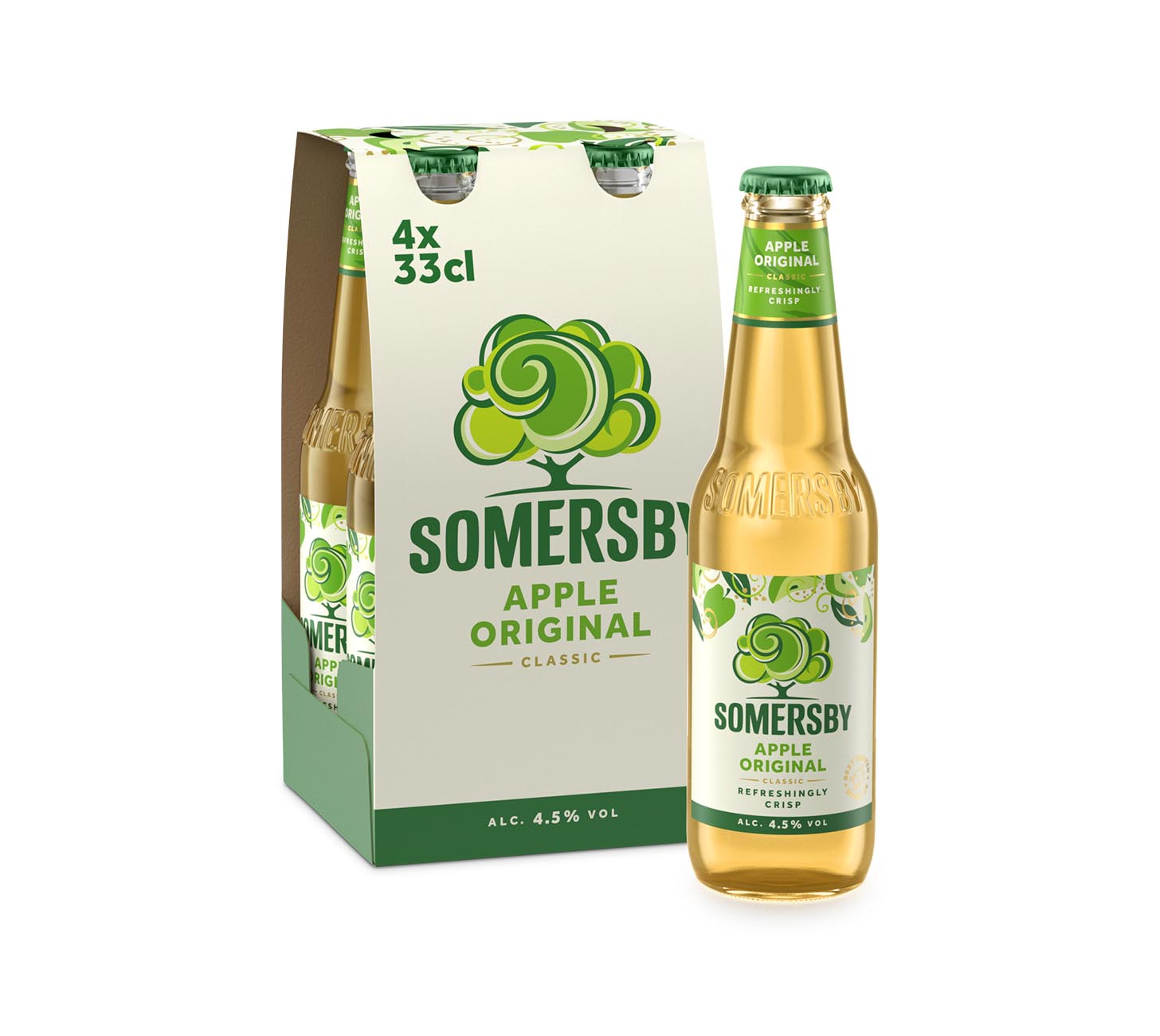 DE: Somersby Apple Original Modern Cider 33cl 4-Pack Flasche MHI, Apfel-Cider, spritzig und erfrischend, Mehrfachpack mit Trageeinheit auf weissem Hintergrund.

FR: Somersby Apple Original Modern Cider 33cl pack de 4 bouteilles MHI, cidre a la pomme, frais et pétillant, multipack sur fond blanc.

IT: Somersby Apple Original Modern Cider 33cl confezione da 4 bottiglie MHI, sidro alla mela, fresco e frizzante, multipack su sfondo bianco.

Keywords: somersby apple, cider flasche, apple cider