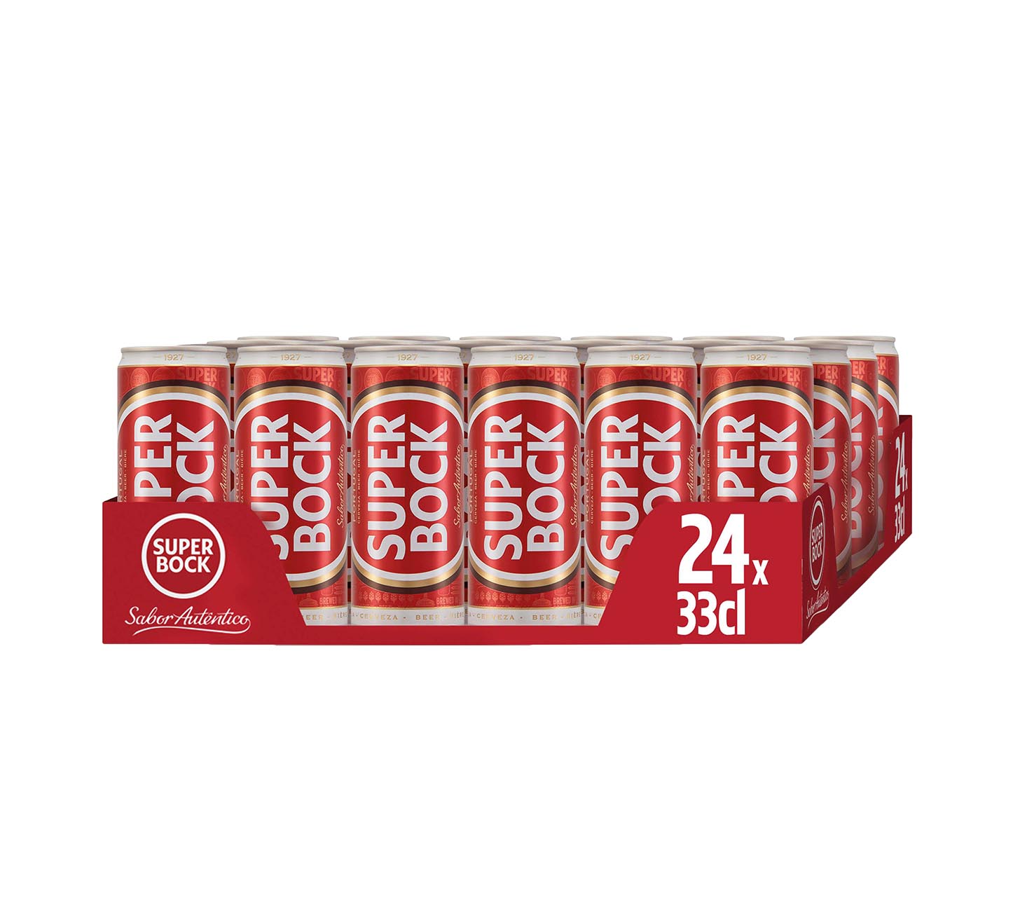 DE: Super Bock Lager Bier 24×33cl im Pack, portugiesisches Lagerbier in roten Dosen auf Tray, klassischer Biergenuss mit mildem, erfrischendem Geschmack vor hellem Hintergrund.

FR: Pack de 24 canettes Super Bock Lager 33cl, biere portugaise classique en canettes rouges sur plateau, au gout doux et rafraichissant, presente sur fond clair.

IT: Pack da 24 lattine Super Bock Lager 33cl, birra portoghese classica in lattine rosse su vassoio, dal gusto delicato e rinfrescante su sfondo chiaro.