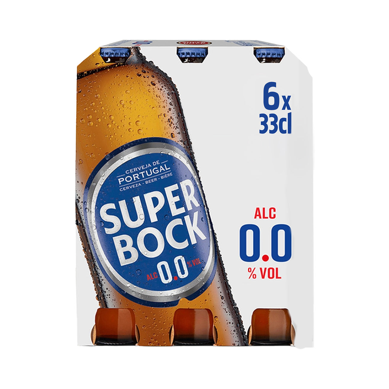 DE: Super Bock 0.0% Alkoholfrei 33cl – einzelne Glasflasche alkoholfreies portugiesisches Bier mit blauem Etikett, freigestellt vor weissem Hintergrund.

FR: Super Bock 0.0% sans alcool 33cl – bouteille individuelle de bière portugaise sans alcool avec étiquette bleue, isolée sur fond blanc.

IT: Super Bock 0.0% analcolica 33cl – bottiglia singola di birra portoghese analcolica con etichetta blu, su sfondo bianco.