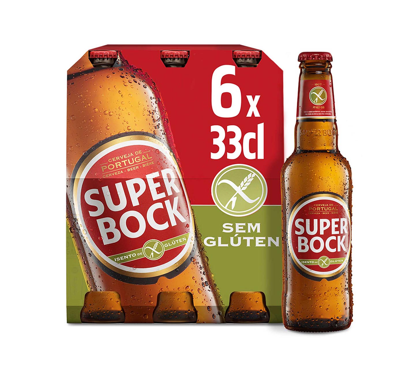 DE: Super Bock Glutenfrei Bier 33cl 6er-MHI-Harasse – glutenfreies portugiesisches Lagerbier in Glasflaschen, mild im Geschmack und angenehm erfrischend.

FR: Super Bock sans gluten 33cl harasse MHI de 6 – bière portugaise sans gluten en bouteilles en verre, fraîche et facile à boire.

IT: Super Bock senza glutine 33cl cassetta MHI da 6 – birra portoghese senza glutine in bottiglie di vetro, equilibrata e rinfrescante.