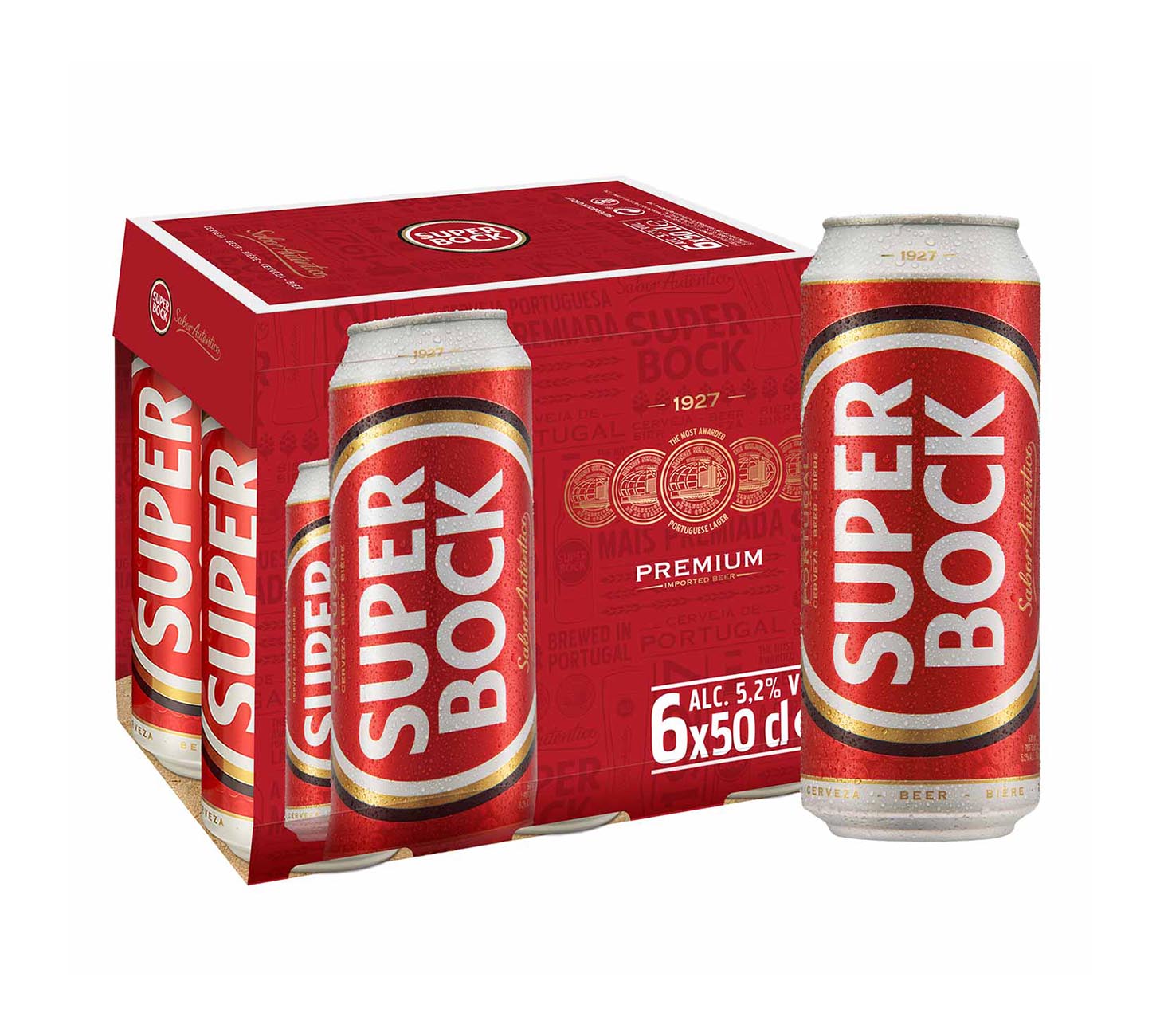 DE: Super Bock Lager Bier 50cl 6 Pack in MHI-Darstellung, sechs rote Dosen mit Super-Bock-Logo vor weissem Hintergrund, portugiesisches Lagerbier. 

FR: Super Bock Lager Biere 50cl 6 Pack en visuel MHI, six canettes rouges avec logo Super Bock sur fond blanc, biere portugaise classique.

IT: Super Bock Lager Birra 50cl 6 Pack in visual MHI, sei lattine rosse con logo Super Bock su sfondo bianco, birra portoghese.
