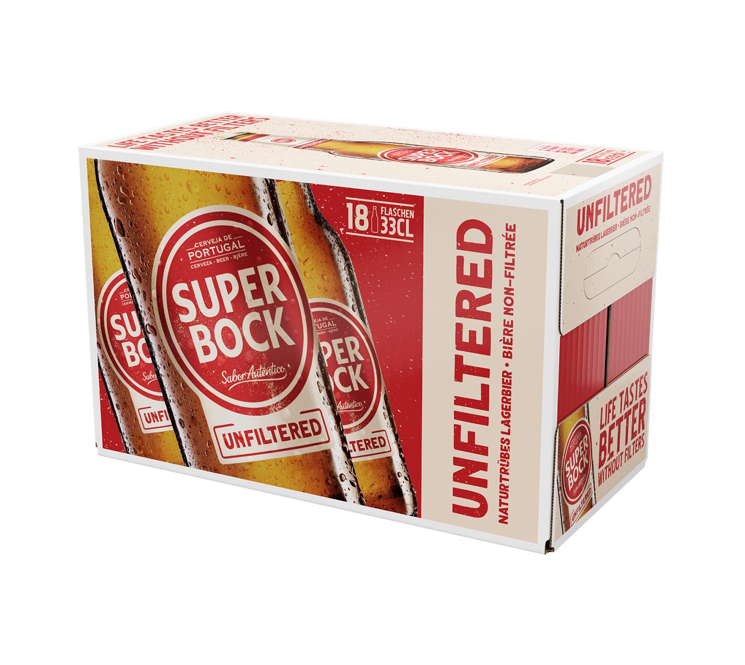 DE: Super Bock Unfiltered Bier 33cl 18 Pack Glas – naturtrübes, unfiltriertes Lagerbier aus Portugal mit vollmundigem Geschmack, achtzehn Glasflaschen im Kartonpack vor weissem Hintergrund.

FR: Super Bock Unfiltered Biere 33cl 18 Pack verre – bière portugaise non filtrée et naturellement trouble, au goût intense et authentique, dix-huit bouteilles en verre en emballage carton sur fond blanc.

IT: Super Bock Unfiltered Birra 33cl 18 Pack vetro – birra portoghese non filtrata e naturalmente torbida.