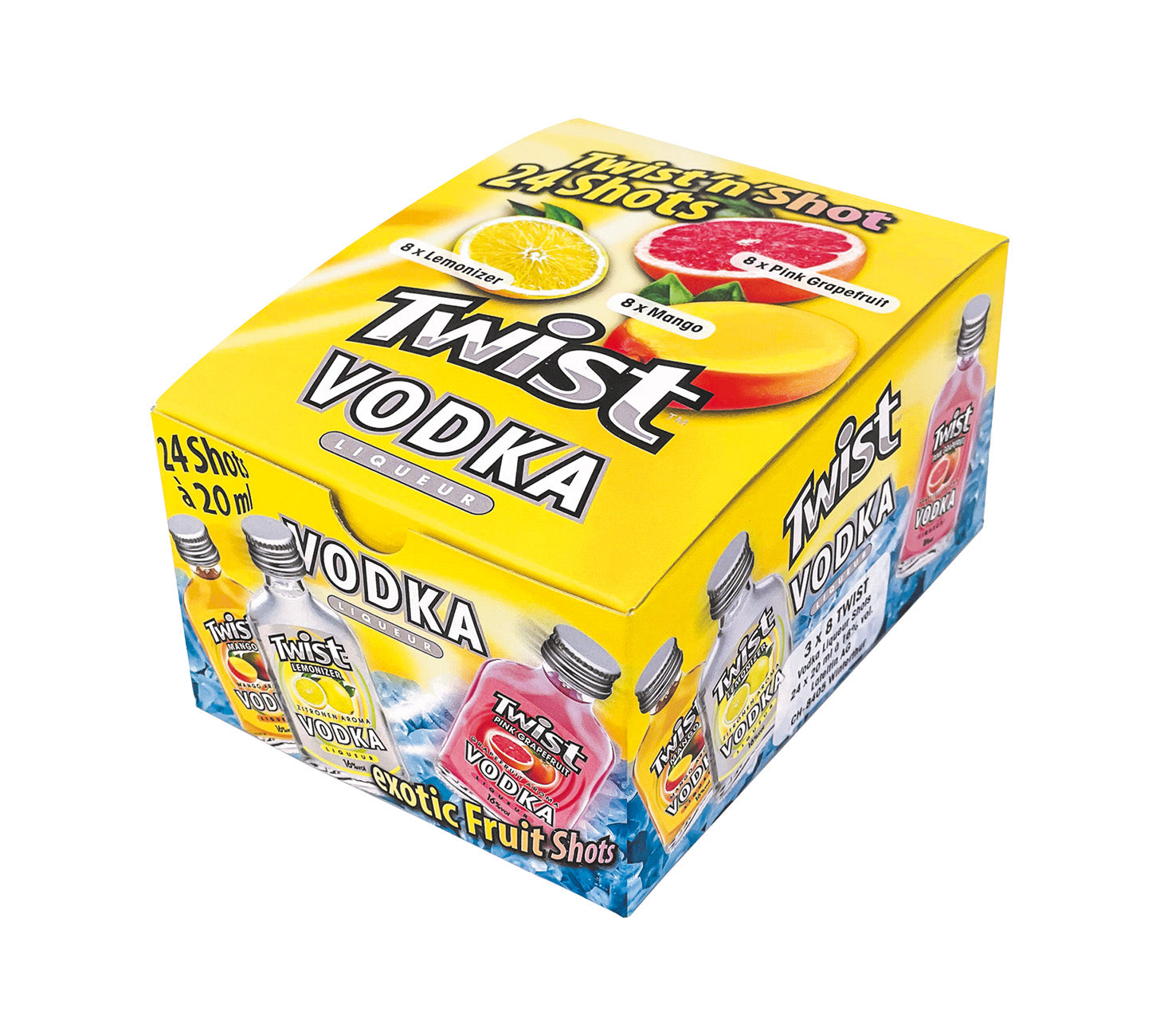 DE: Twist Vodka – Mixpack mit 24 Shots à 20 ml in den Sorten Lemonizer, Mango und Pink Grapefruit, bunte Verpackung vor neutralem Hintergrund.
FR: Twist Vodka – assortiment de 24 shots de 20 ml aux saveurs Lemonizer, Mangue et Pamplemousse Rose, emballage coloré sur fond neutre.
IT: Twist Vodka – confezione mista con 24 shot da 20 ml nei gusti Lemonizer, Mango e Pompelmo Rosa, confezione colorata su sfondo neutro.
