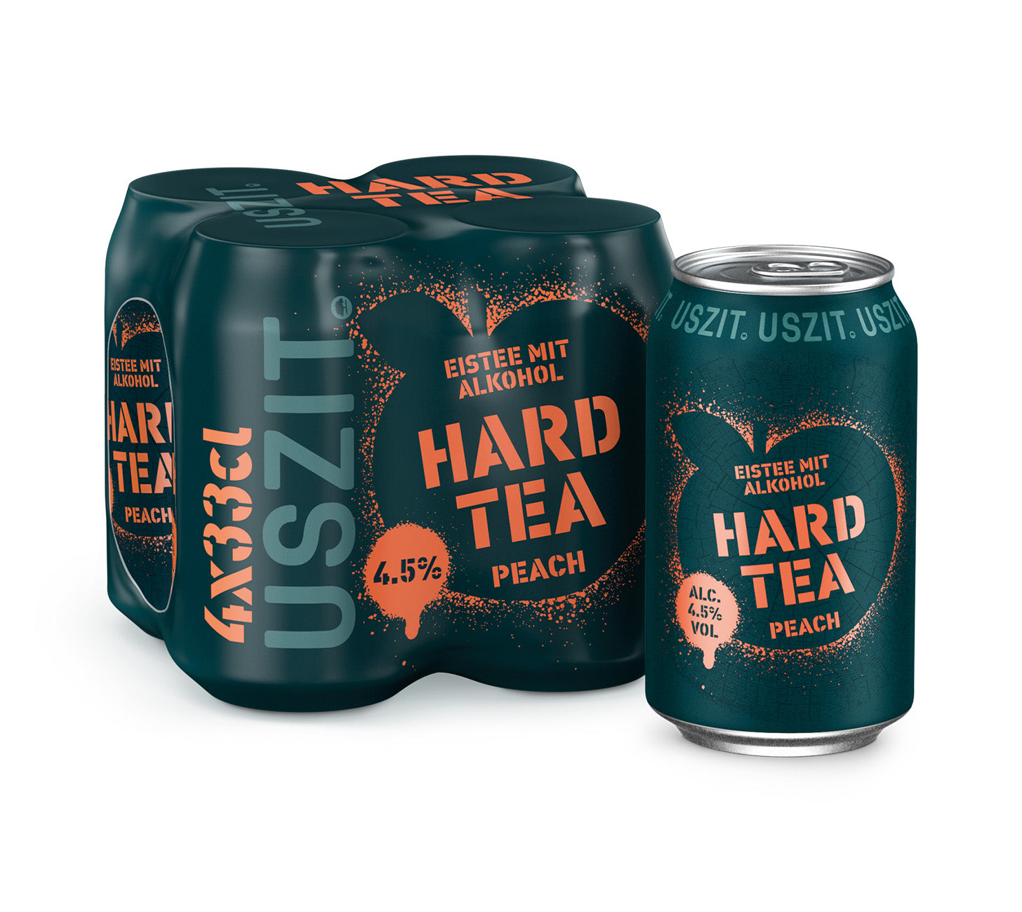 DE: USZIT Hard Tea Peach 33cl MHI 4-Pack – Hard Tea mit Pfirsichgeschmack, modern und erfrischend, vor neutralem Hintergrund.
FR: USZIT Hard Tea Pêche 33cl MHI pack de 4 – thé glacé alcoolisé à la pêche, frais et moderne, sur fond neutre.
IT: USZIT Hard Tea Pesca 33cl MHI 4-pack – hard tea alla pesca, fresco e moderno, su sfondo neutro.