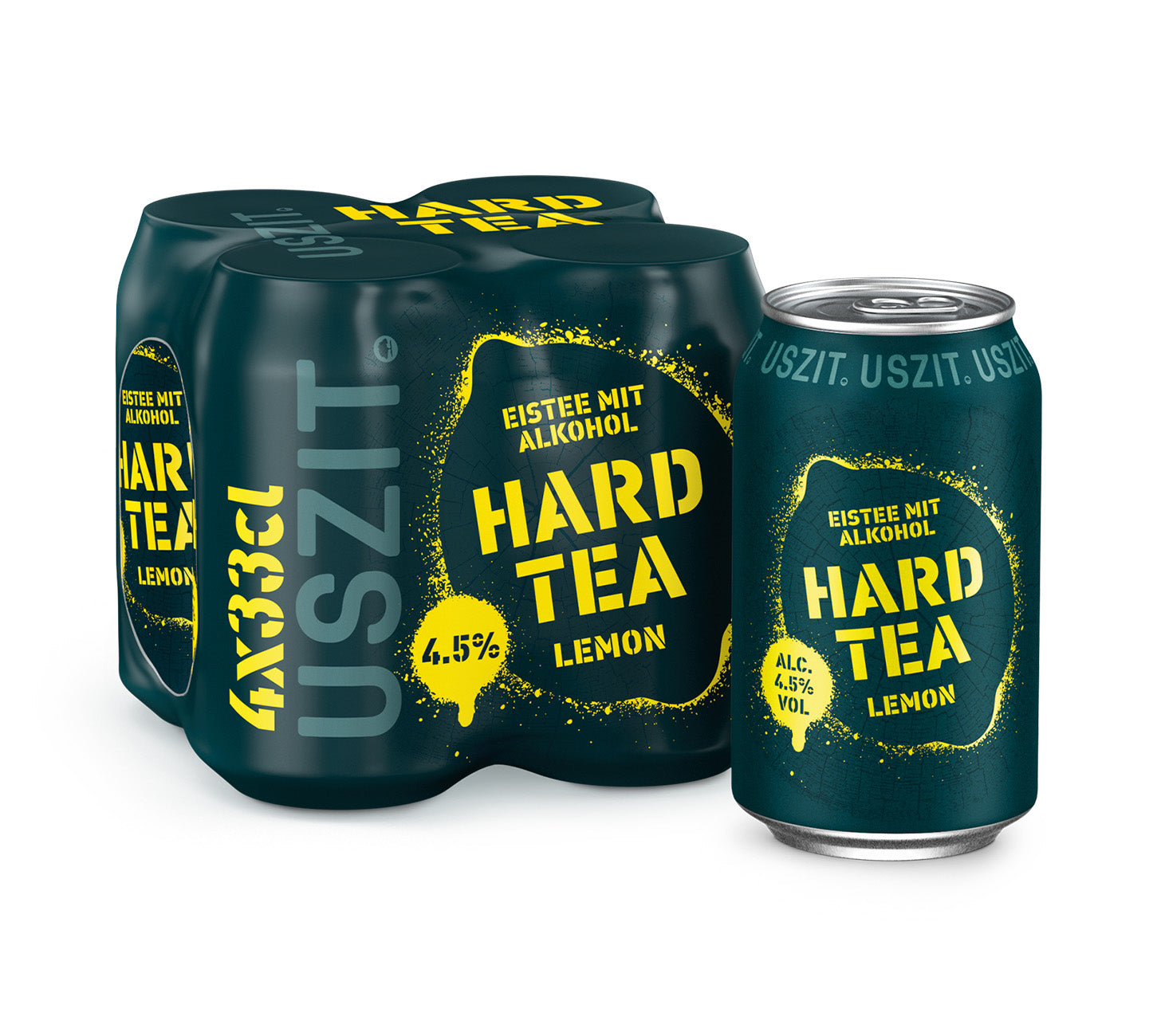 DE: USZIT Hard Tea Lemon 33cl 4er-Pack, MHI-Produkt, spritziger Hard Tea mit Zitronengeschmack, vor neutralem Hintergrund.
FR: USZIT Hard Tea Lemon 33cl pack de 4, produit MHI, thé glacé alcoolisé au citron, sur fond neutre.
IT: USZIT Hard Tea Lemon 33cl confezione da 4, prodotto MHI, hard tea al limone, su sfondo neutro.