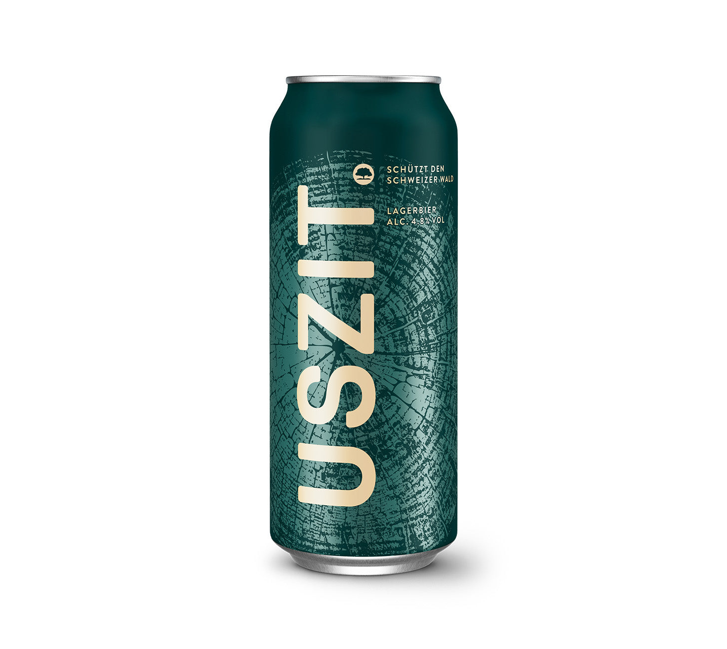 DE: USZIT Lager Bier Dose 50cl mit grünem Wald-Design, vor neutralem Hintergrund.
FR: Cannette USZIT bière lager 50cl au design forêt vert, sur fond neutre.
IT: Lattina USZIT birra lager 50cl con grafica foresta verde, su sfondo neutro.