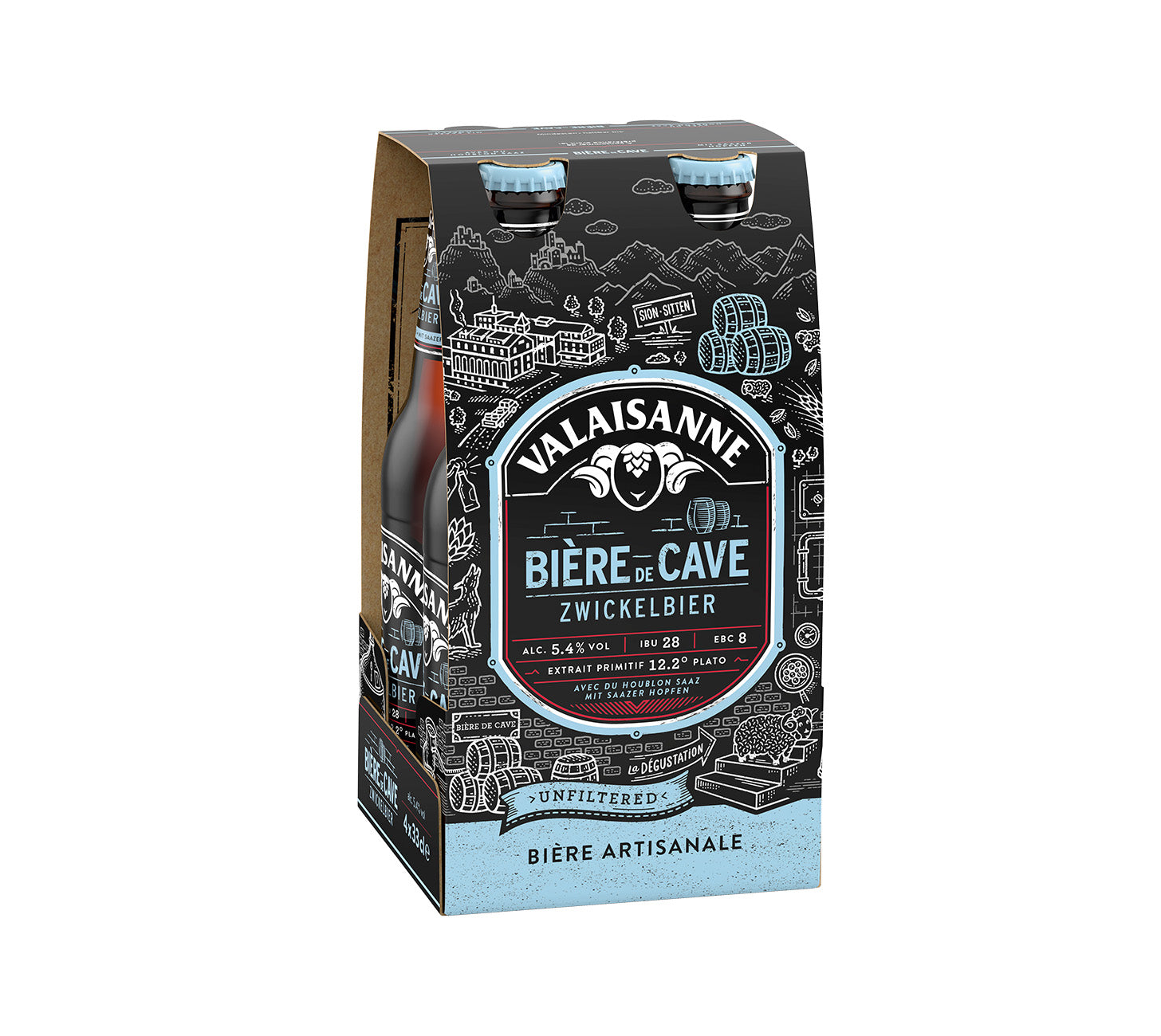 DE: Valaisanne Bière de Cave Bier 33cl 4-Pack – charaktervolles Bier mit würzigem Geschmack, vollmundigem Körper und feiner Malznote. 

FR: Valaisanne Bière de Cave 33cl 4-Pack – biere suisse au gout epice et malté, corps plein et notes aromatiques. 

IT: Valaisanne Bière de Cave 33cl 4-Pack – birra svizzera dal gusto speziato e corposo con note maltate. 