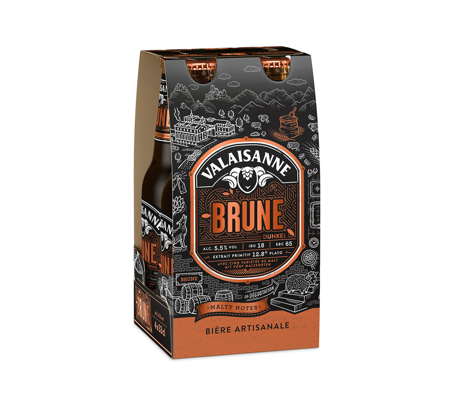 DE: Valaisanne Brune 4x33cl – dunkles Schweizer Bier mit karamellmalzigen und röstigen Aromen im praktischen Viererpack.

FR: Valaisanne Brune 4x33cl – bière brune suisse aux notes de caramel et de malt torréfié en pack de quatre.

IT: Valaisanne Brune 4x33cl – birra scura svizzera con aromi di caramello e malti tostati nel pratico four-pack.