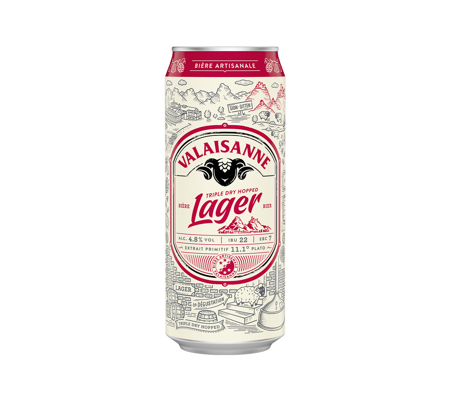 DE: Valaisanne Lager Bier 50cl Dose – frisches, ausgewogenes Lagerbier mit feinherber Note, vor neutralem Hintergrund.

FR: Valaisanne Lager Bière 50cl canette – bière lager fraîche et équilibrée avec une touche légèrement amère, sur fond neutre.

IT: Valaisanne Lager Birra 50cl lattina – birra lager fresca ed equilibrata con leggera nota amara, su sfondo neutro.