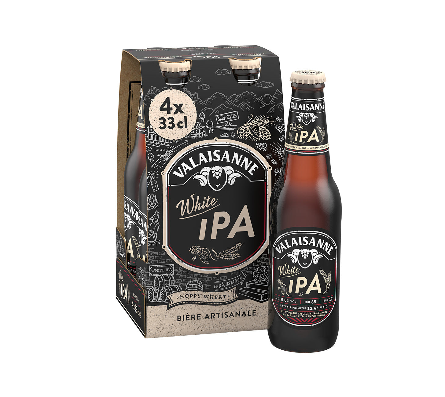 DE: Valaisanne White IPA 33cl 4-Pack – aromatisches Bier mit Zitrus- und Tropenfruchtnoten sowie feiner Bitterkeit, im praktischen MHI-Produktbild.

FR: Valaisanne White IPA 33cl 4-pack – bière aromatique aux notes d’agrumes et de fruits tropicaux avec une amertume délicate, présenté en visuel MHI.

IT: Valaisanne White IPA 33cl 4-pack – birra aromatica con note di agrumi, frutta tropicale e un’amarezza delicata, mostrata nell’immagine MHI.
