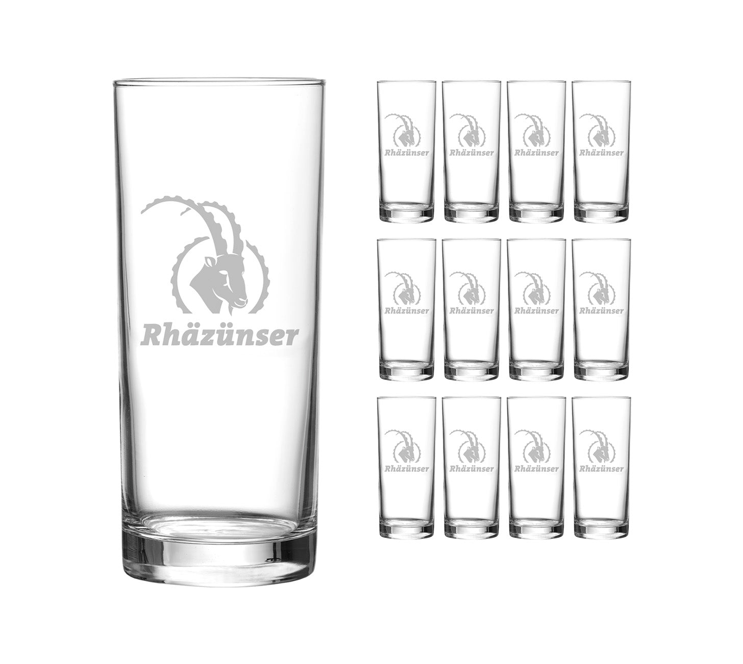 DE: Rhäzünser Glas-Set 12×30 cl, zwölf Wassergläser mit Rhäzünser-Logo.

FR: Set de verres Rhäzünser 12×30 cl, douze verres à eau avec logo Rhäzünser.

IT: Set bicchieri Rhäzünser 12×30 cl, dodici bicchieri da acqua con logo Rhäzünser.