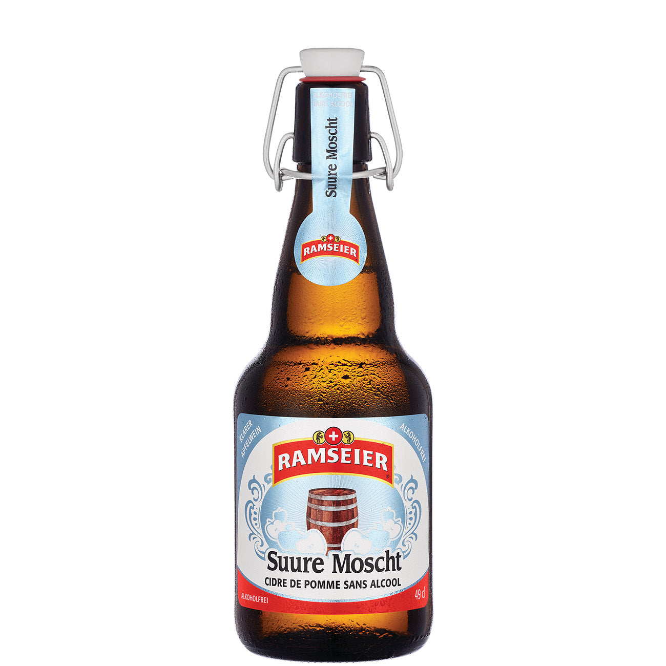 Ramseier Suure Moscht alkoholfrei 49cl Flasche mit Buegelverschluss, klarer Apfelwein ohne Alkohol, traditionelles Schweizer Getraenk von Ramseier, Produktabbildung vor neutralem Hintergrund