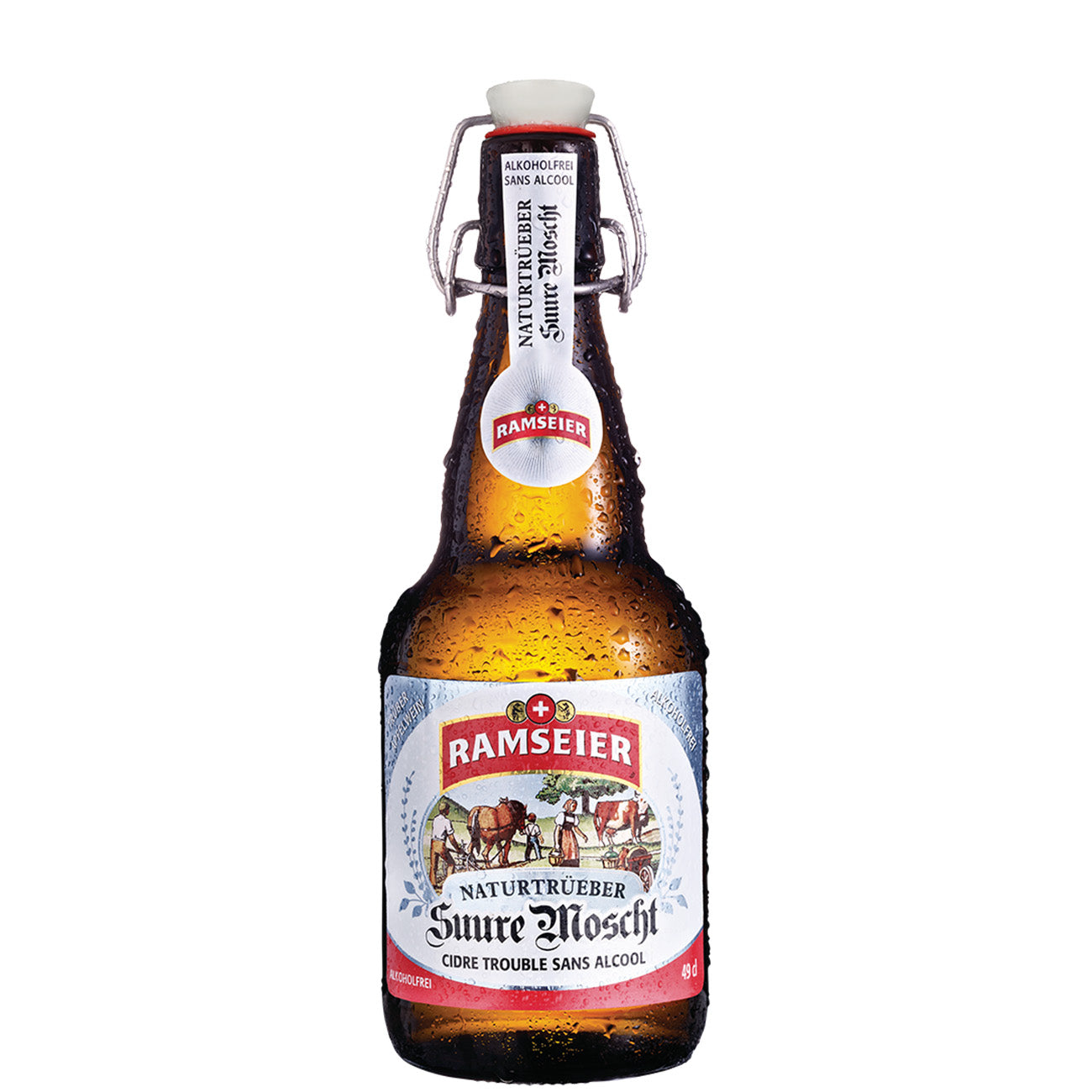 Ramseier Suure Moscht naturtrueb alkoholfrei 49cl Flasche mit Buegelverschluss, Apfelwein ohne Alkohol, erfrischendes Schweizer Getraenk mit Tradition, Produktabbildung vor neutralem Hintergrund