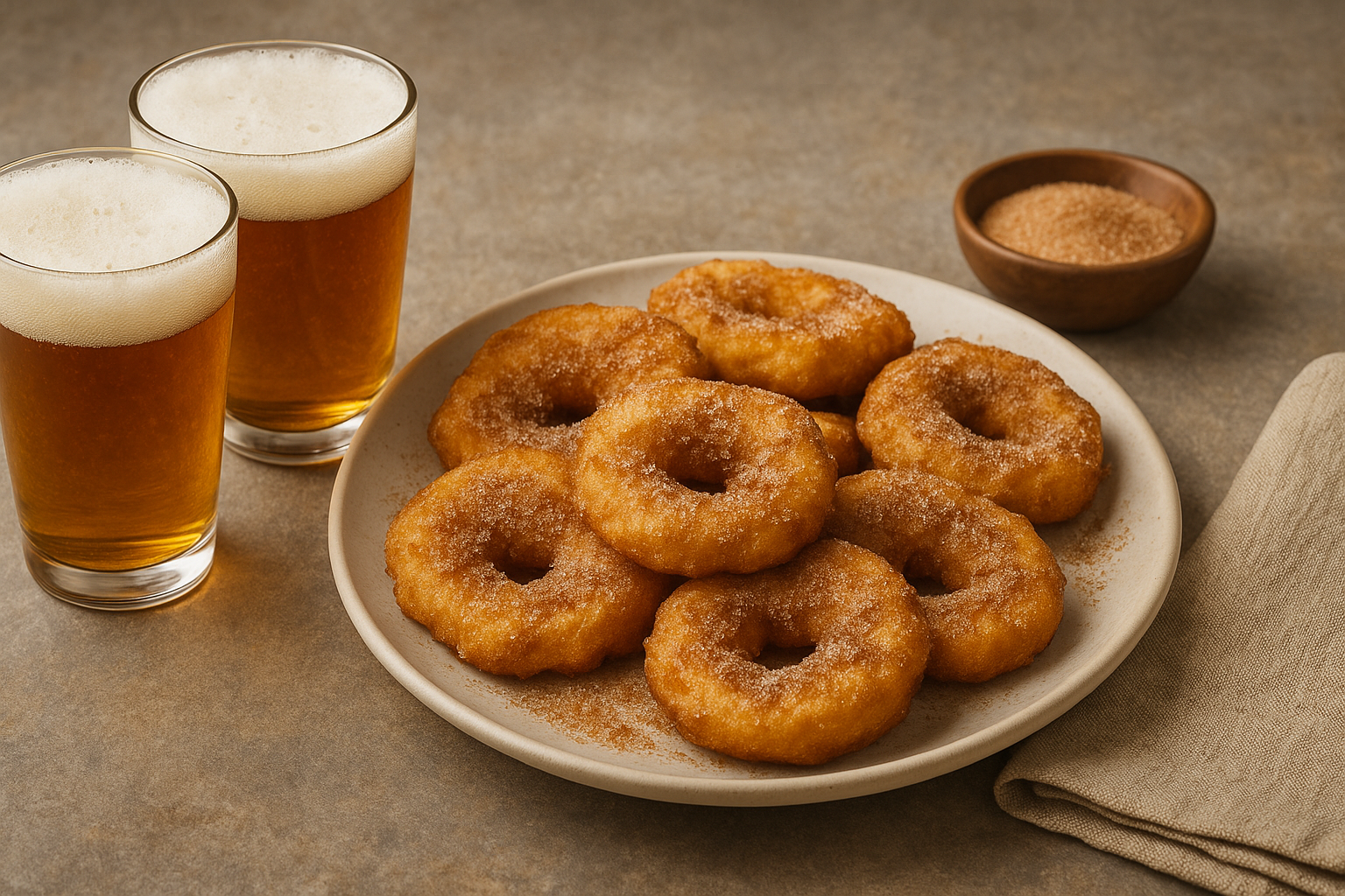 DE: Goldbraune Apfelküchli auf Teller neben Bierglas und Schüssel Zucker FR: Beignets de pommes dorés sur assiette à côté d'un verre de bière et sucre IT: Frittelle di mele dorate su piatto accanto a bicchiere di birra e zucchero EN: Golden apple fritters on plate next to beer glass and bowl of sugar