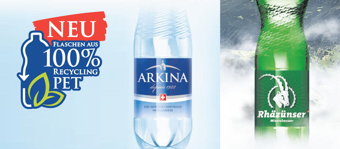 DE: Arkina Mineralwasserflasche mit rPET-Hinweis und Rhäzünser Logo FR: Bouteille d'eau minérale Arkina avec mention rPET et logo Rhäzünser IT: Bottiglia d'acqua minerale Arkina con indicazione rPET e logo Rhäzünser EN: Arkina mineral water bottle with rPET note and Rhäzünser logo